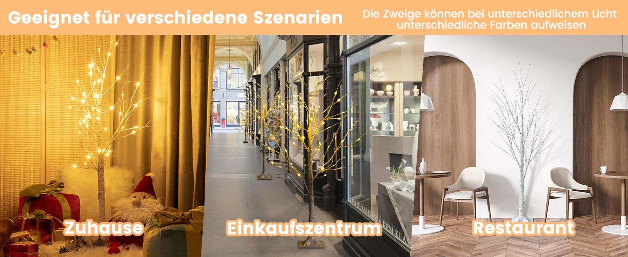 COSTWAY 180cm LED Lichterbaum, Birkenbaum mit warmweißen LED-Leuchten, künstlicher Weihnachtsbaum, Tannenbaum, Christbaum, Kunstbaum, Dekobaum