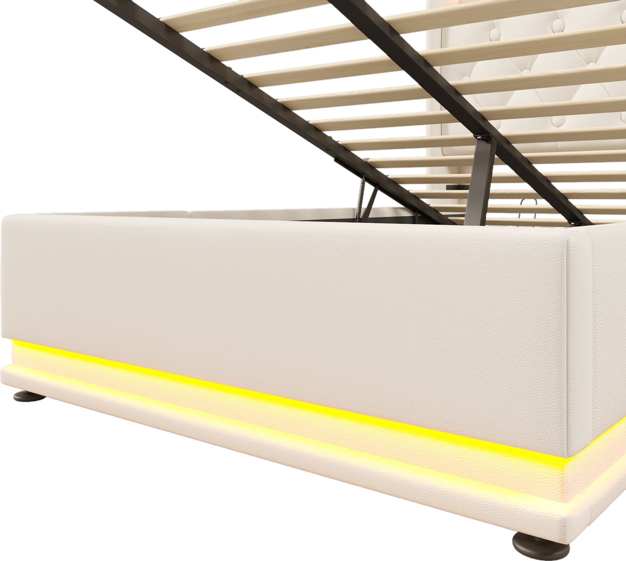Flieks Polsterbett 90x200cm mit Ladefunktion (USB&Typ-c), Jugendbett Einzelbett Stauraumbett mit LED, Hydraulisches Boxspringbett, PU, Weiß