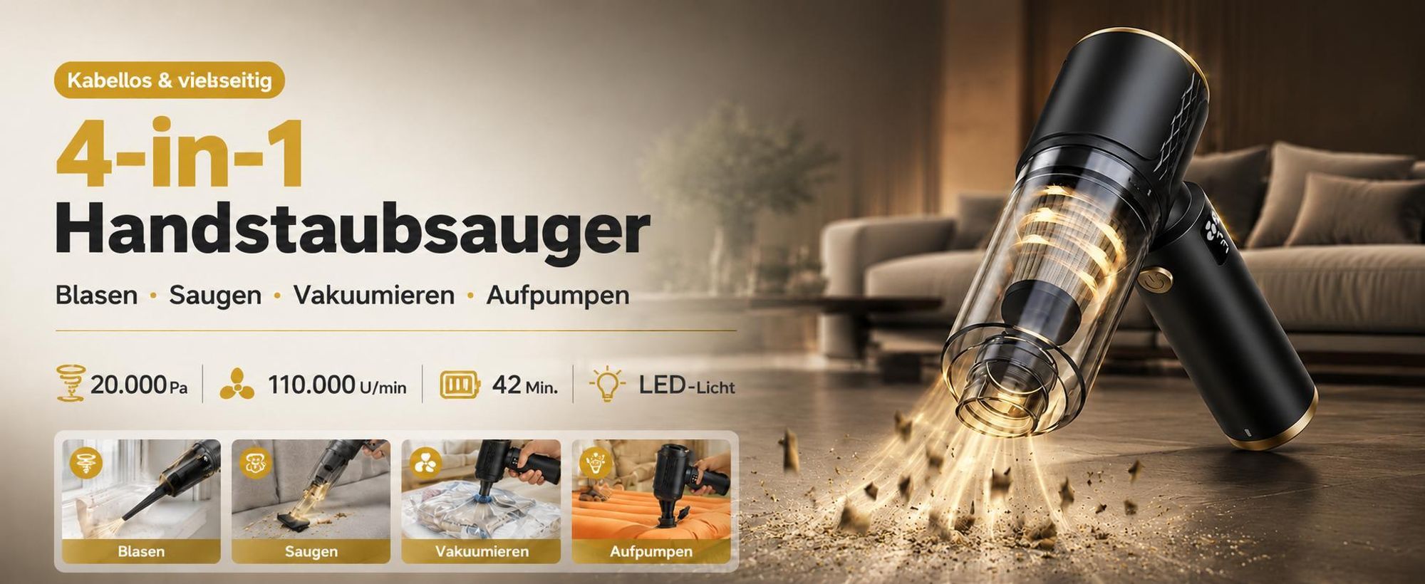 4-In-1 Handstaubsauger, 20000PA Akku-Handstaubsauger, LED kabelloser Autostaubsauger,Staubsauger&Gebläse, Mini Staubsauger für Auto, Zuhause, Haustier