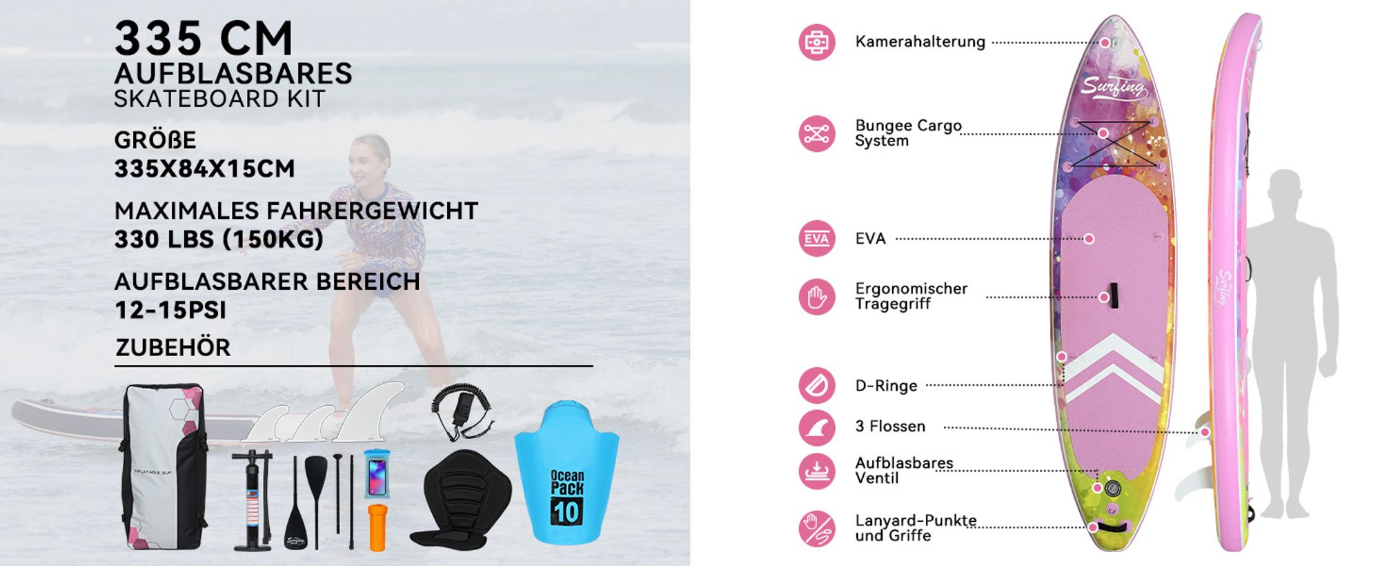 Puluomis SUP Board mit Sitz 335cm, Stand Up Paddle Boards Set, Paddling Paddelboard Surfbrett Aufblasbar, Pumpe Tragetasche, MB. bis 150Kg Pink Rosa