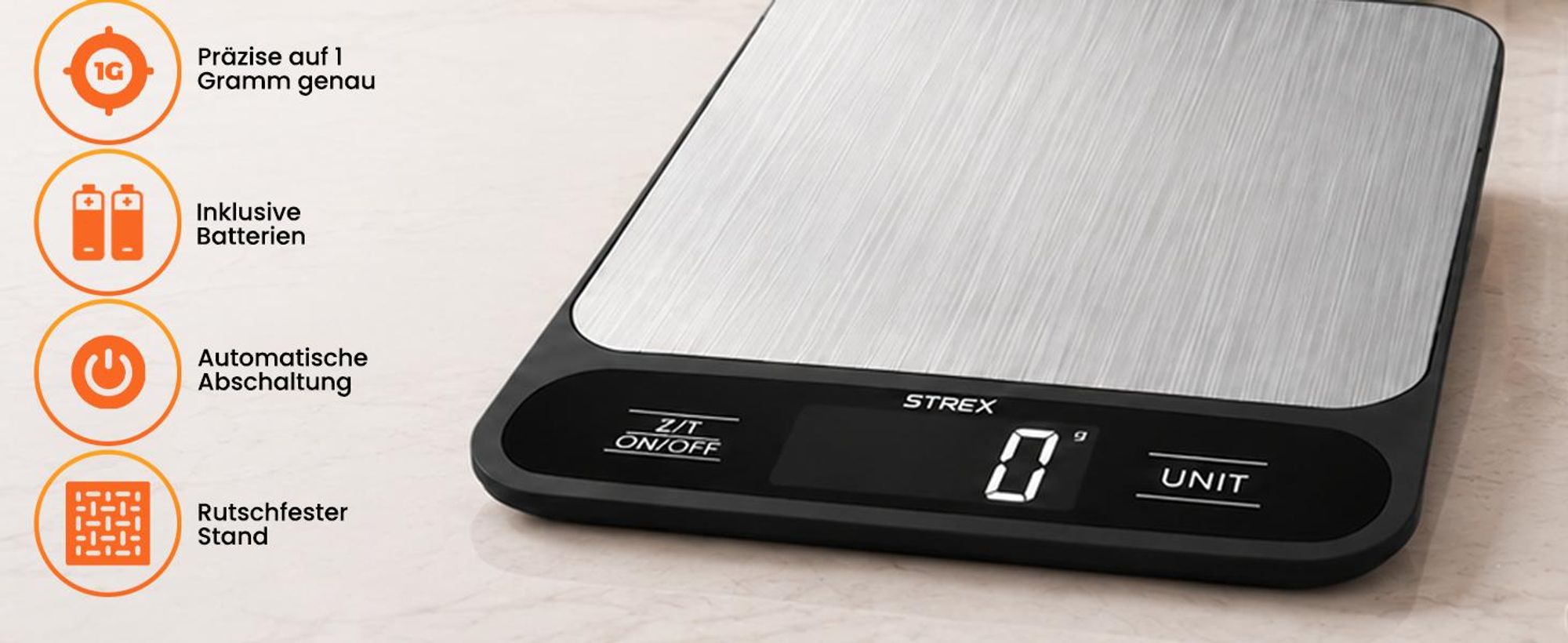 Strex Küchenwaage Digital mit 4 Präzisionssensoren - 1g bis 10kg | Edelstahl Präzisions-Küchenwaage | Inklusive Batterie mit klarem LCD-Display und Tara-Funktion