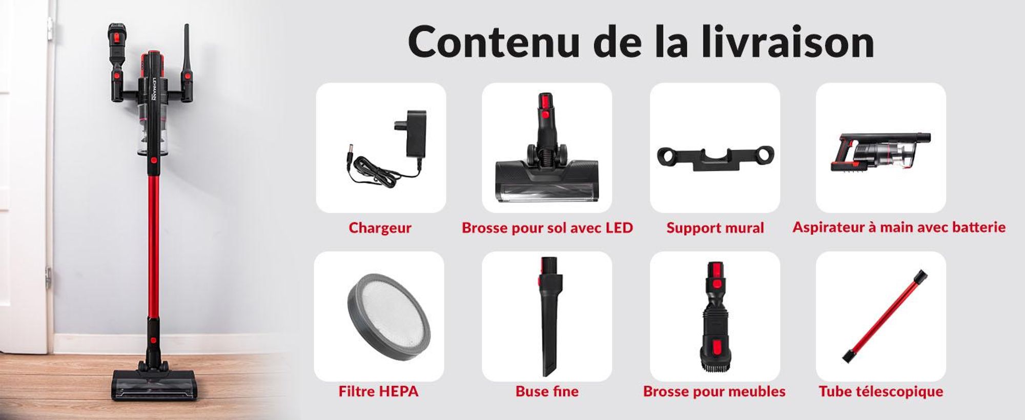 LEHMANN Aspirateur Balai sans Fil 3 en 1, 45min Autonomie, Réservoir 1,8L, Brosse LED, Filtre HEPA