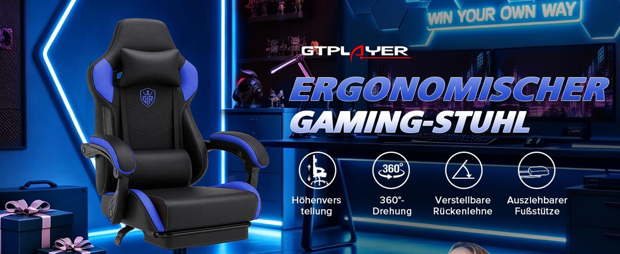 GTPLAYER Gaming Stuhl Bürostuhl Gaming Sessel mit Fußstütze, Ergonomischer Gamer Stuhl mit Verbundenen Armlehnen, Höhenverstellbaren Schreibtischstuhl