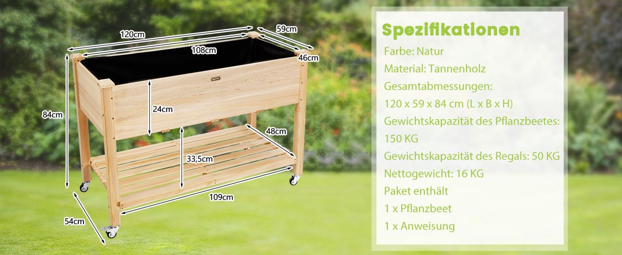 GOPLUS Hochbeet mit Rollen aus Holz, Gartenbeet mit Ablage & Abflusslöchern, Pflanzbeet Tragkraft 150 kg für Garten & Natur, 120 x 59 x 84 cm