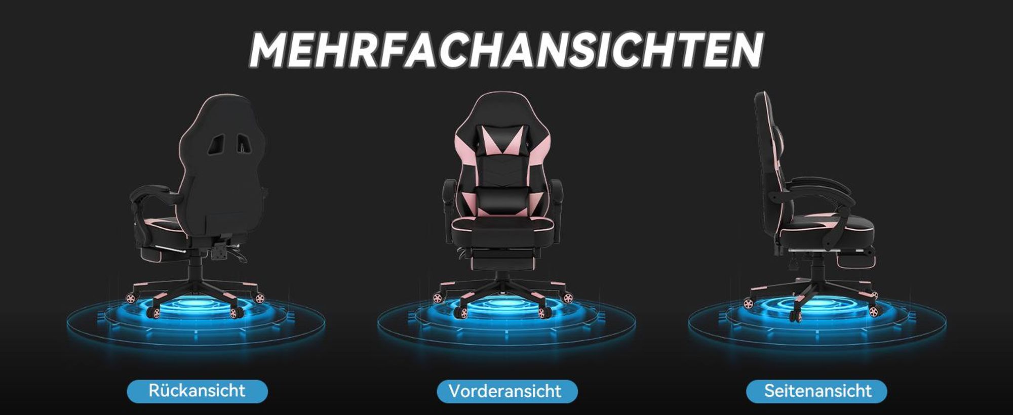 Puluomis Gaming Stuhl mit Massage und Fußstütze 150kg, Bürostuhl Ergonomisch Chefsessel Schreibtischstuhl Racing Stuhl Computerstuhl Rosa Pink Schwarz