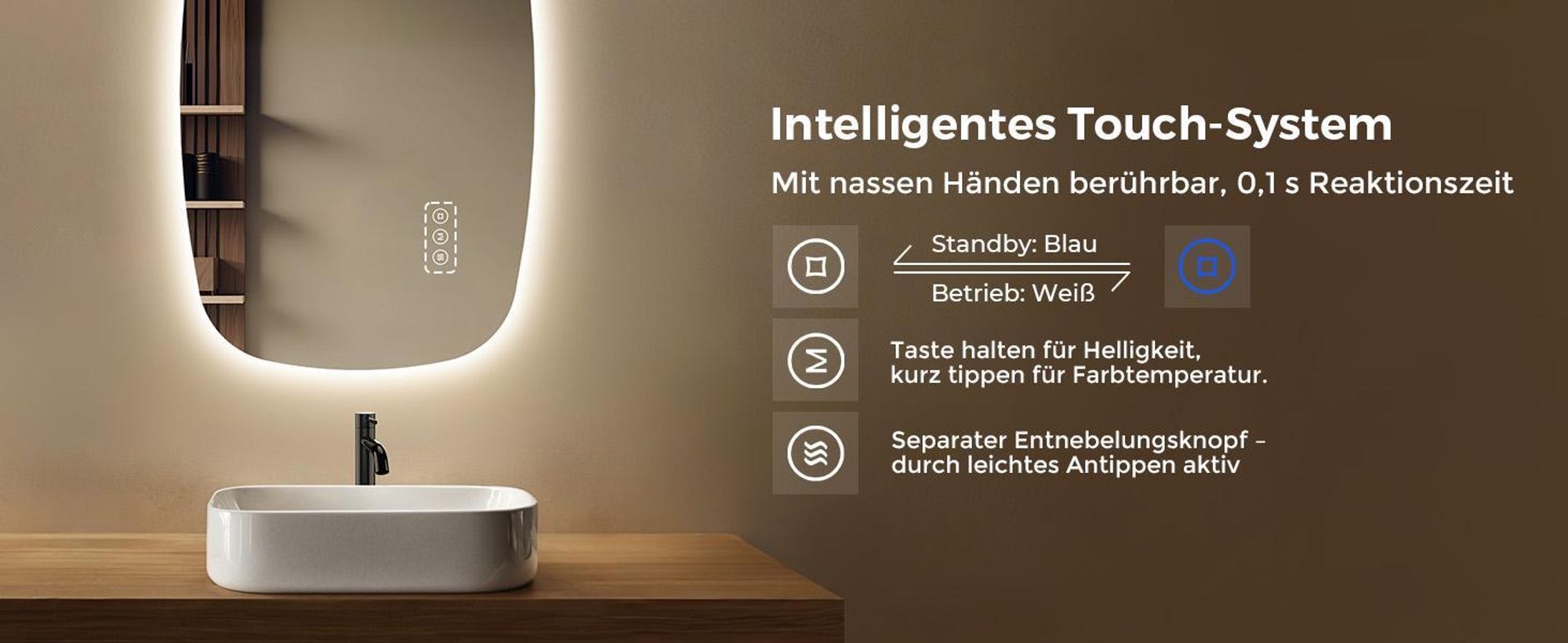 S'AFIELINA 80×50 cm Wandspiegel LED – Badspiegel mit Beleuchtung, HD-Glas , dimmbar, 3-farbige LED, Anti-Beschlag, horizontal & vertikal aufhängbar