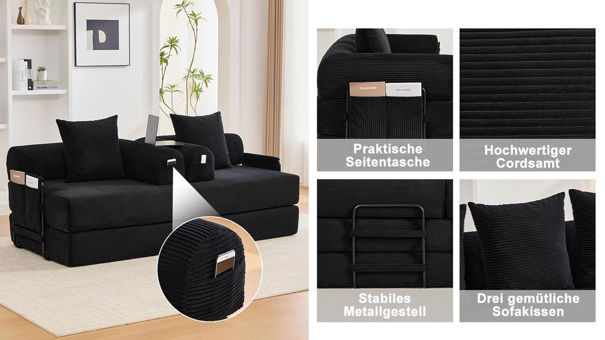 LVHOM Klappbares Schlafsofa aus Cordstoff, Modulares Tagesbett mit Metallgestell, Klappsofa Bodensofa mit Stauraum, 300kg Belastbarkeit, Dunkelgrau