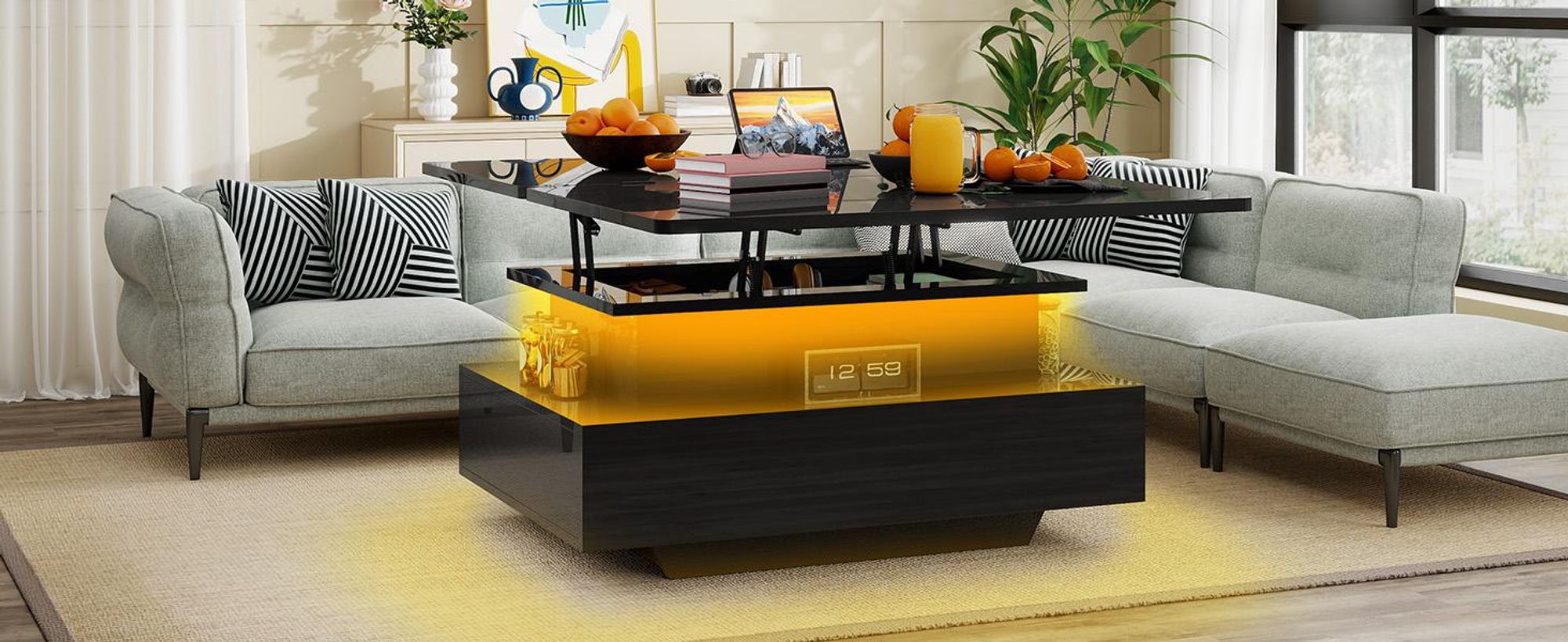 YITAHOME Couchtisch Wohnzimmertisch mit LED-Beleuchtung, Höhenverstellbar, Versteckte Aufbewahrung, 2 Schubladen, 85x55x42cm, Schwarz