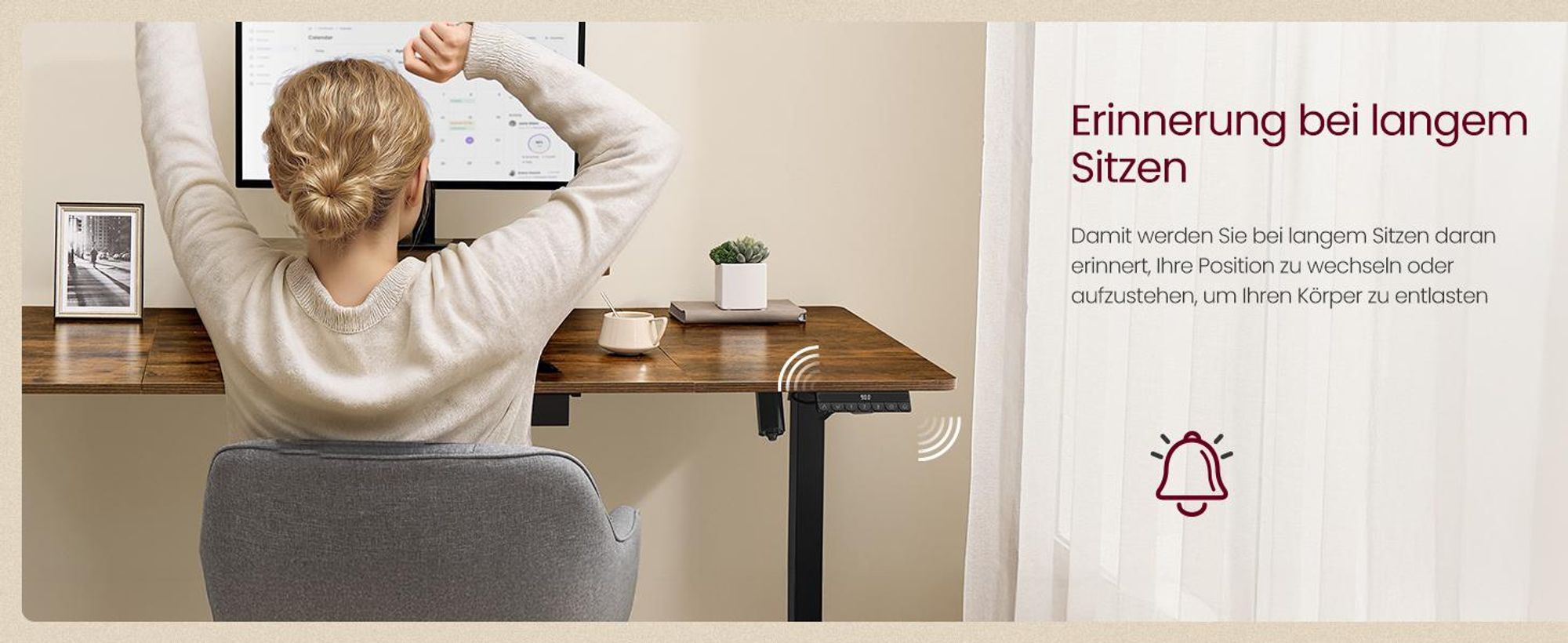 VASAGLE Höhenverstellbarer Schreibtisch, 140 cm, USB-C-Anschluss, Erinnerung bei langem Sitzen, flexibel montierbarer Monitorständer