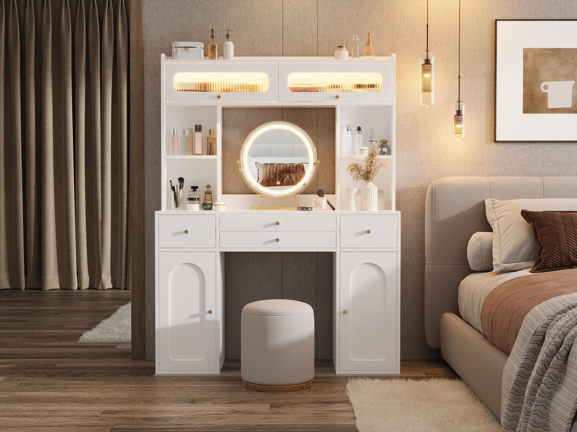 Merax Schminktisch mit LED Spiegel und Beleuchtung, Schminkkommode mit 4 Schubladen und Glastüren, Kosmetiktisch mit Stauraum Für Schlafzimmer, Weiß