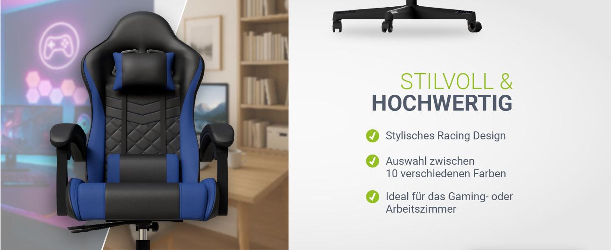 Juskys Gamingstuhl HyperSeat, ergonomisch, Kunstleder, höhenverstellbar – Schwarz/blau