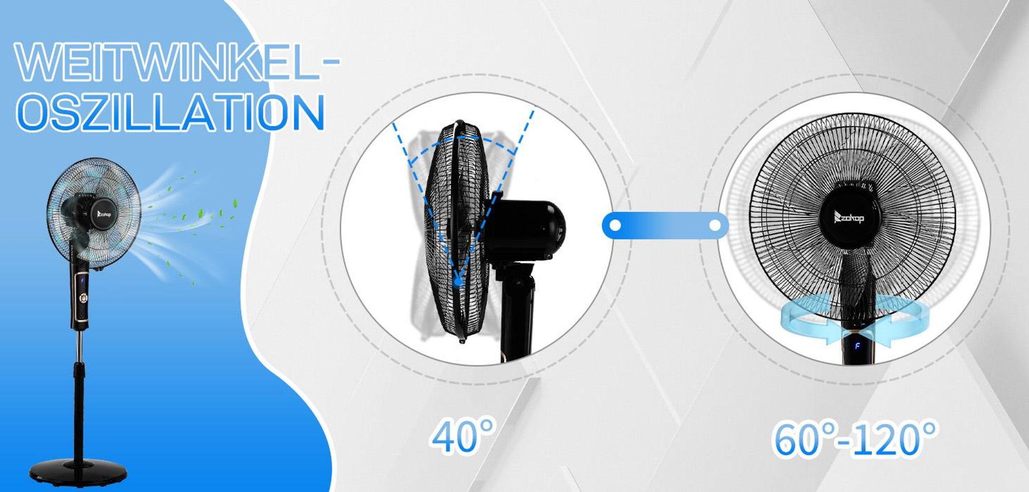 FCH Standventilator mit fünf Flügeln, Fernbedienung, 3 Windgeschwindigkeitsstufen und verstellbarer Höhe 65W