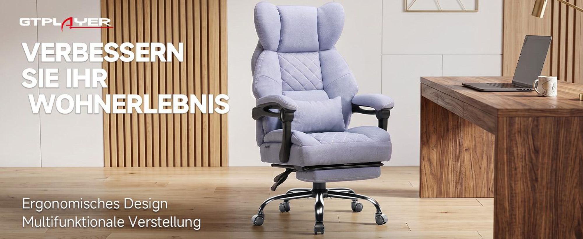 GTPLAYER Gaming Stuhl, Ergonomischer Bürostuhl mit Fußstütze und Lendenstütze, Hochlehner Chefsessel für Große, breiter Computersessel, Höhenverstellb