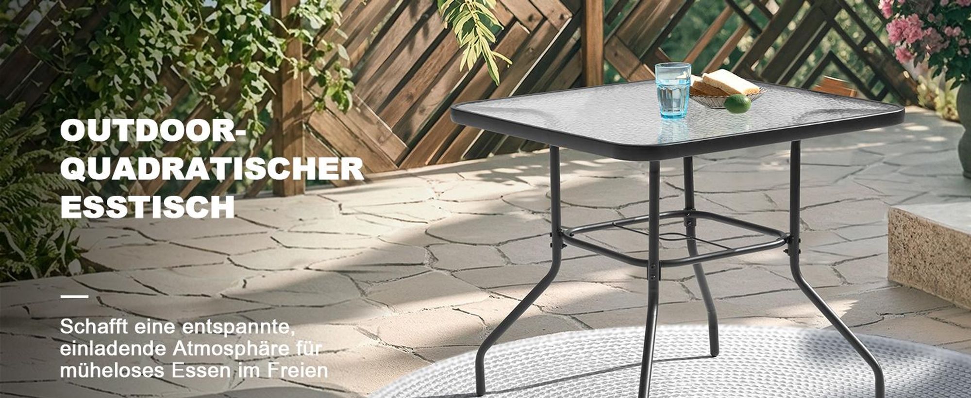 Gartentisch mit Tischplatte aus gehärtetem Glas, Schwarz