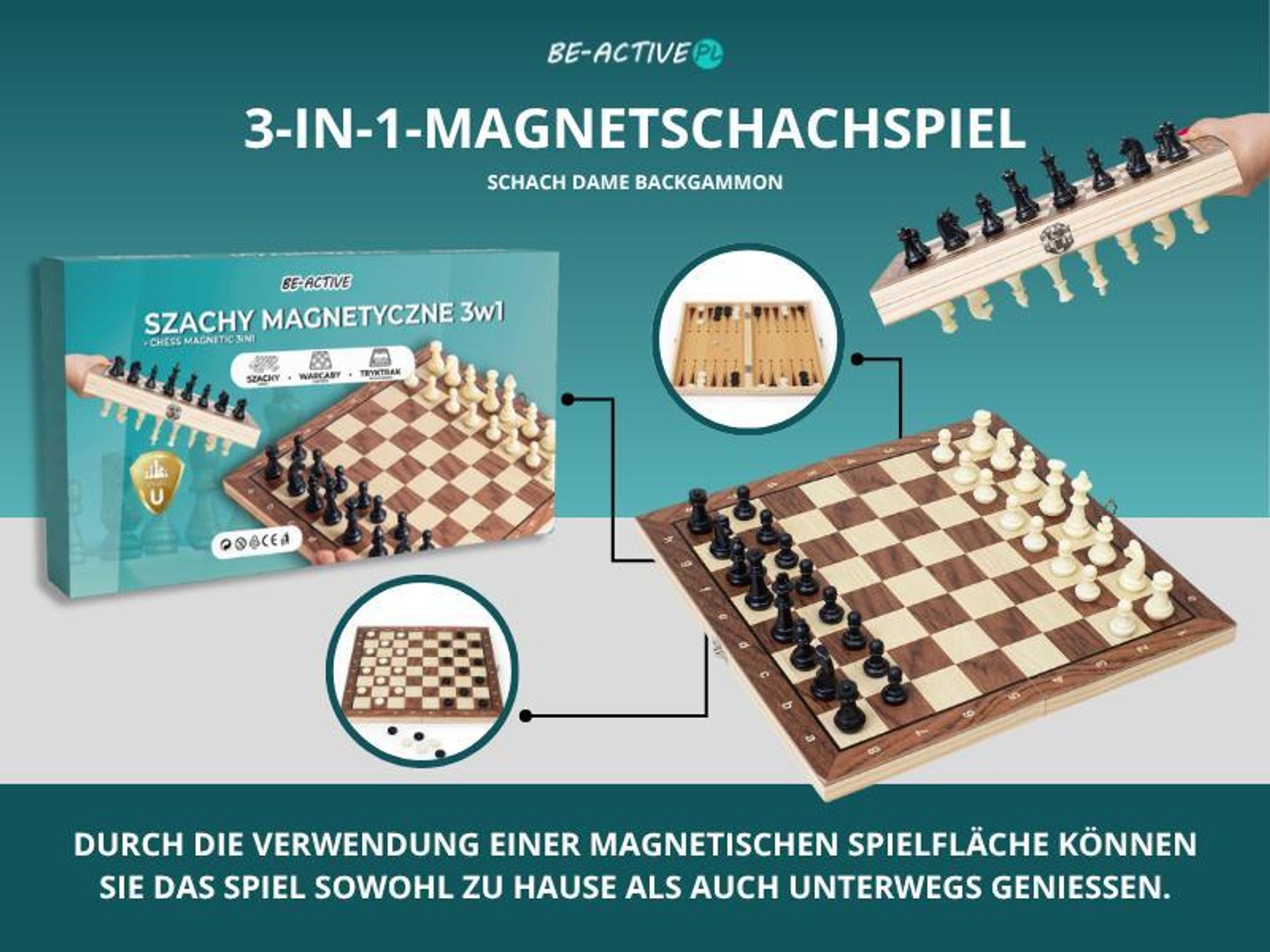 Schachspiel 3 in 1 Magnetisches Schachspiel Aus Holz 34 cm für 2 personen für Kinder und Erwachsene