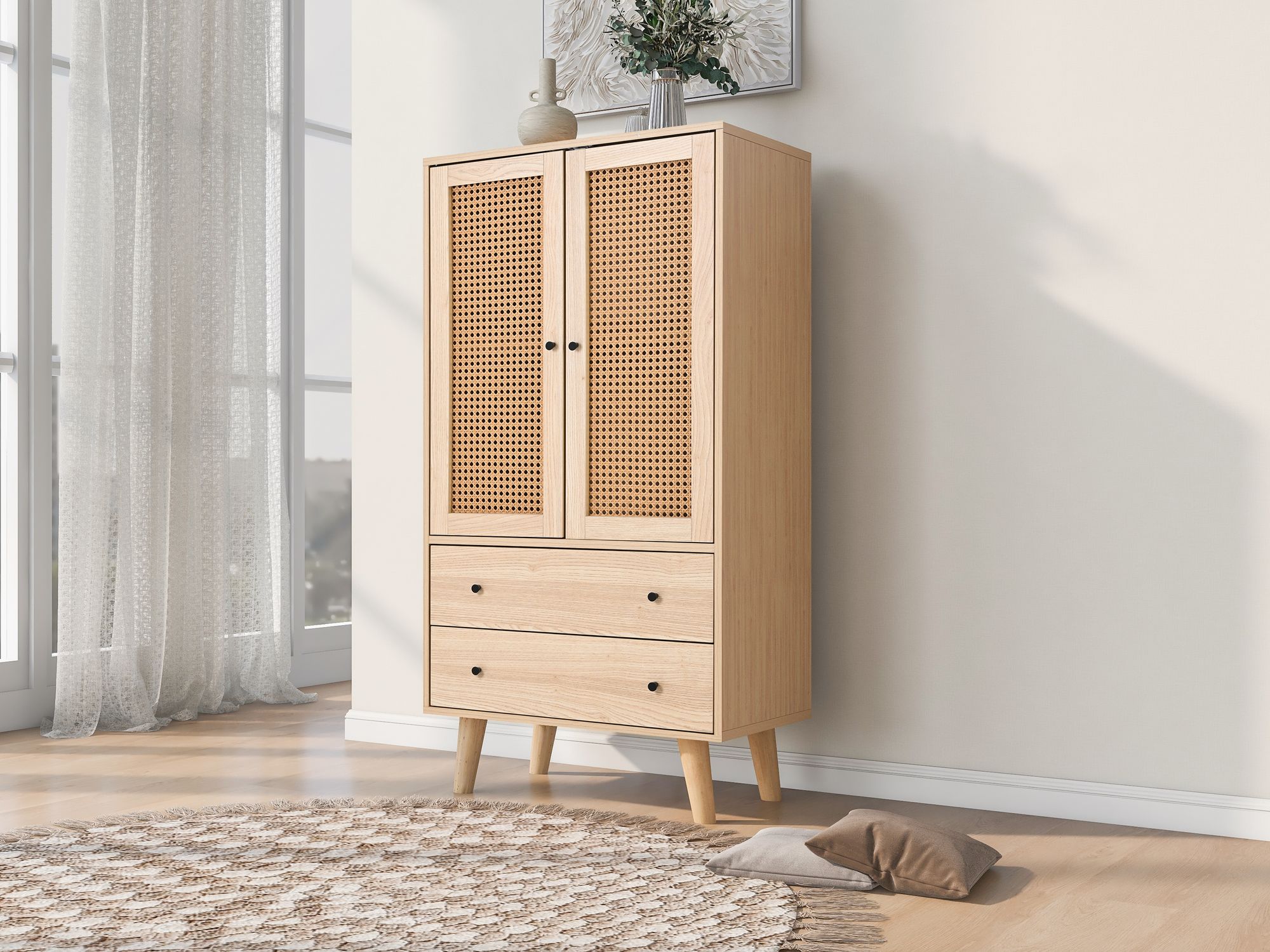 Merax Kommode Highboard mit 2 Türen Rattangeflecht und 2 Schubladen, Sideboard aus Holz Stehschrank, 60x40x120cm, Eiche