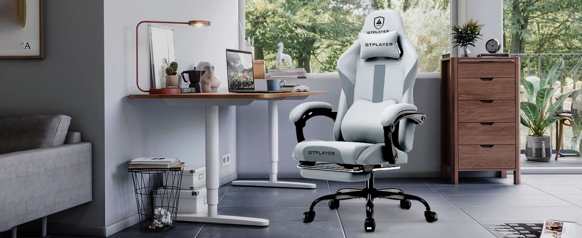 GTPLAYER Gaming Stuhl Ergonomischer Gaming Sessel Schreibtischstuhl mit Stoffoberfläche Atmungsaktiver Bürostuhl Federsitzkissen mit Fußstütze grau