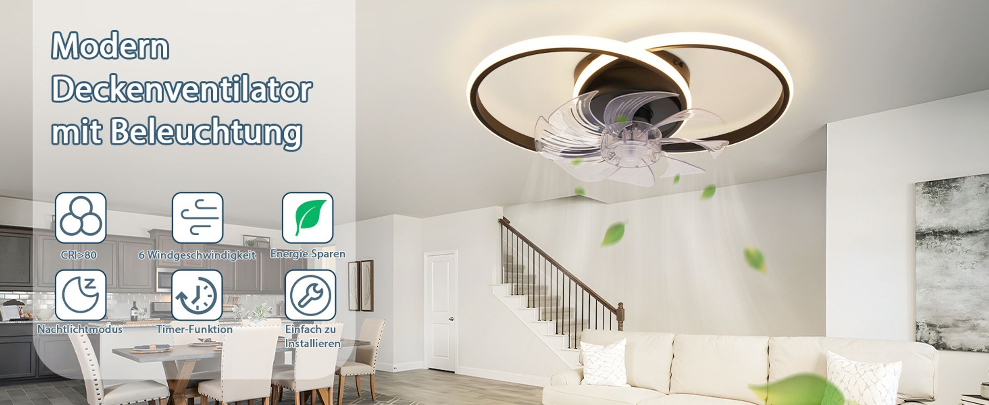 ZMH LED Deckenventilator Mit Beleuchtung 36W Schwarz Leise Deckenlampe Mit Ventilator Und Fernbedienung 3 Farbtemperatur 6-Gang Wohnzimmer Deckenventilatoren Mit Licht für Schlafzimmer Küche