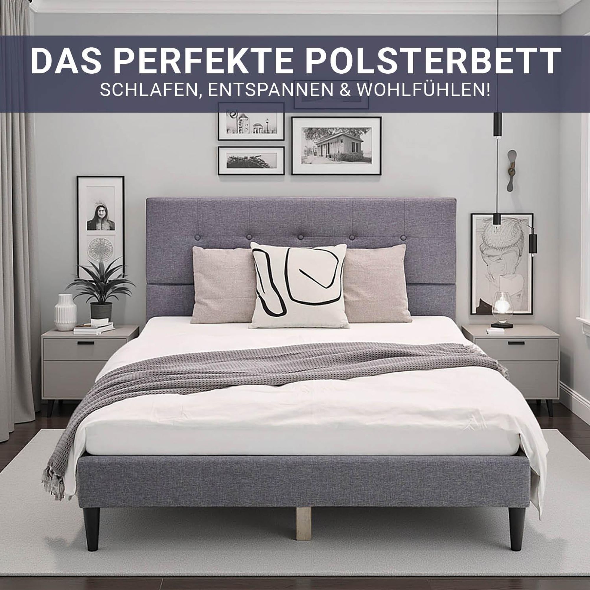 Ein modernes graues Polsterbett steht dekorativ im Schlafzimmer. Es hat ein hohes Kopfteil.