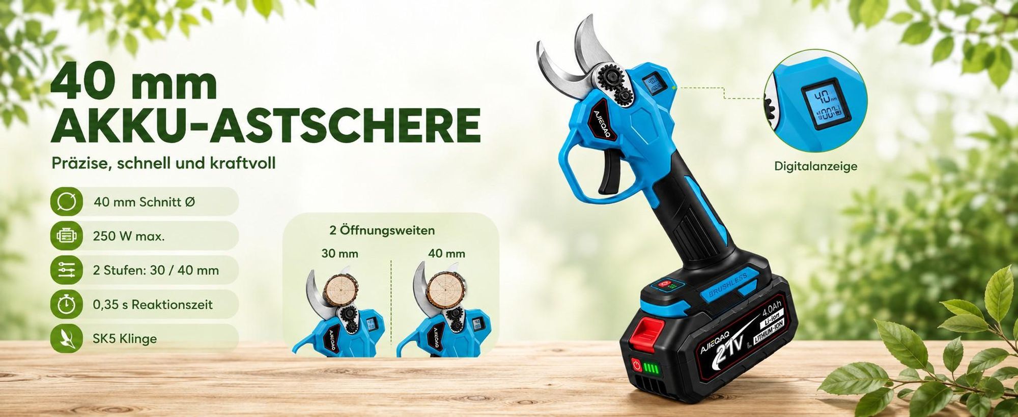4-in-1 Akku-Hochentaster 21V Brushless, 6" Mini-Kettensäge & 40 mm Astschere, 2×4,0Ah Akkus, Teleskopstiel bis 205 cm