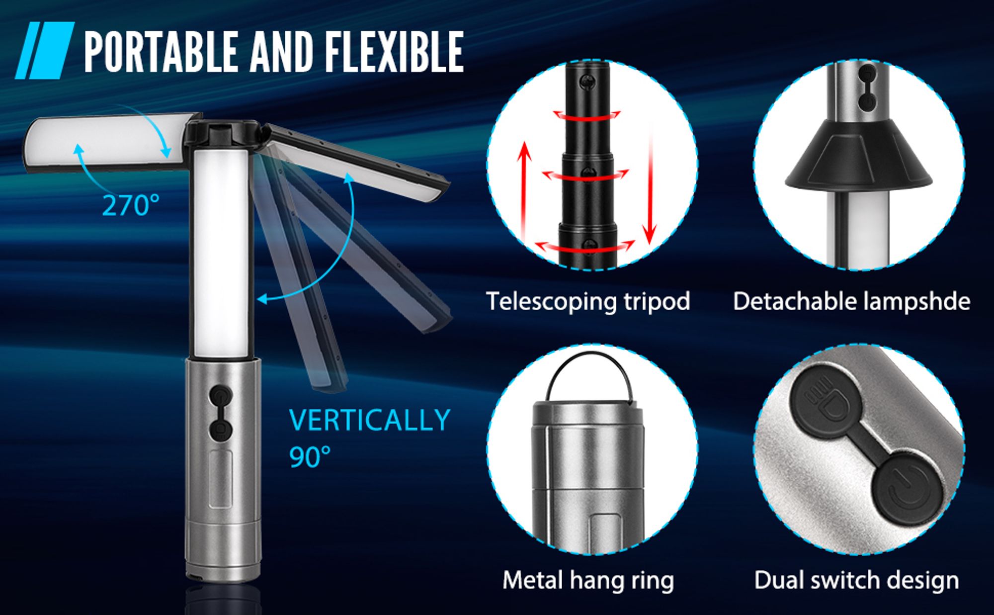 2-in-1einziehbare Campingleuchte,tragbare faltbare Campingleuchte,kabellose Taschenlampe,Campingausrüstung,3000mAh LED-Multifunktionslaterne mit Haken