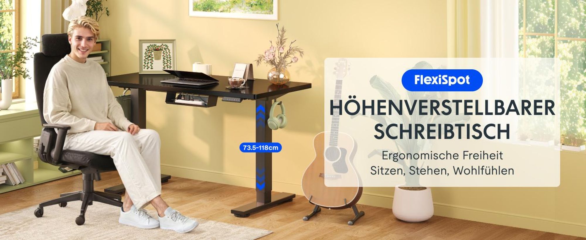 FLEXISPOT EN1 Höhenverstellbarer Schreibtisch 100x60cm elektrisch mit einteiliger Tischplatte, Kabelmanagement und Haken, 4 Memory-Funktion (Schwarz)