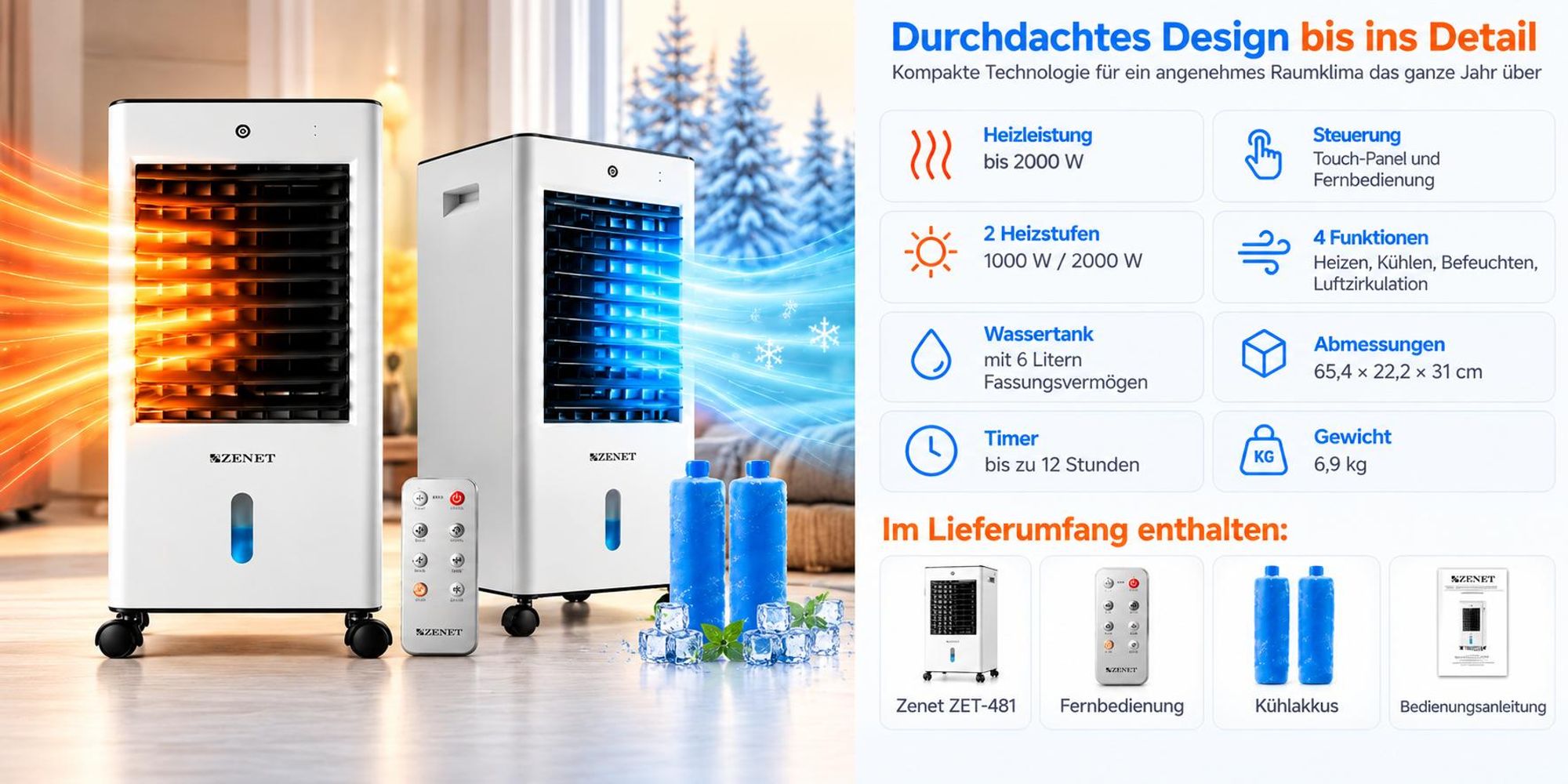 Mobiles Klimagerät 4in1 Heizen, Kühlen, Luftreinigen, Befeuchten ZENET ZET-481, 2000W Heizfunktion, 6L Wassertank, Fernbedienung
