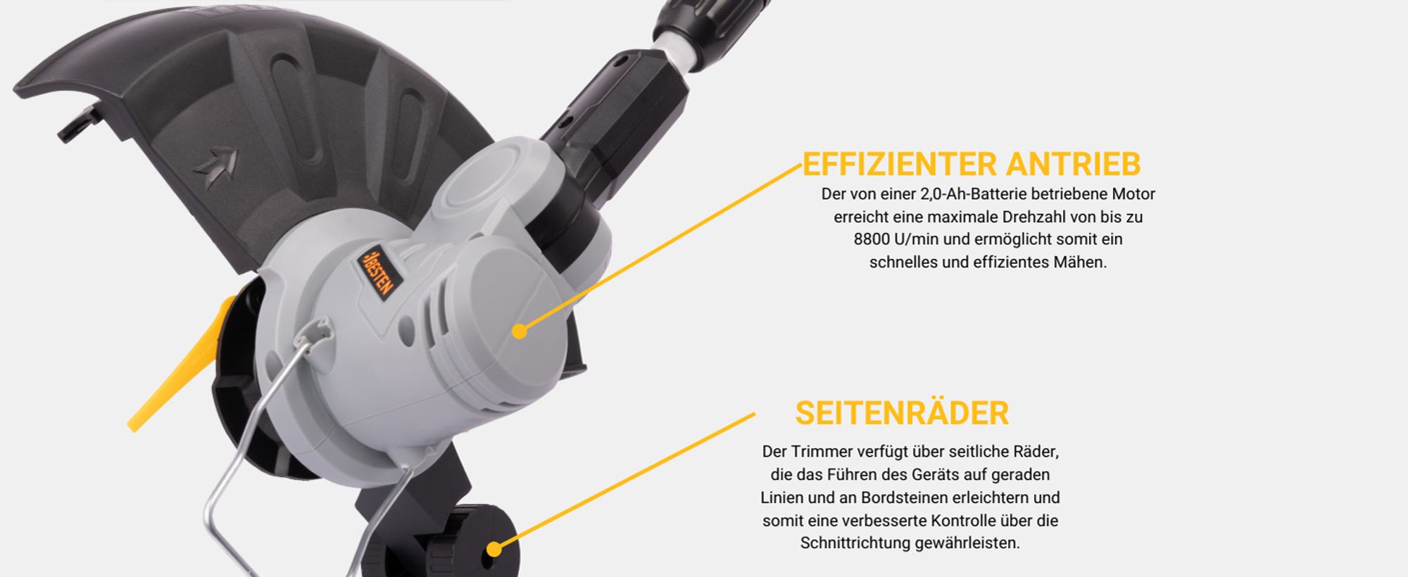 BESTEN Akku-Trimmer, Rasentrimmer, elektrischer Freischneider, 2x 2000mAh Akku, Set mit Nylonfäden und Klingen