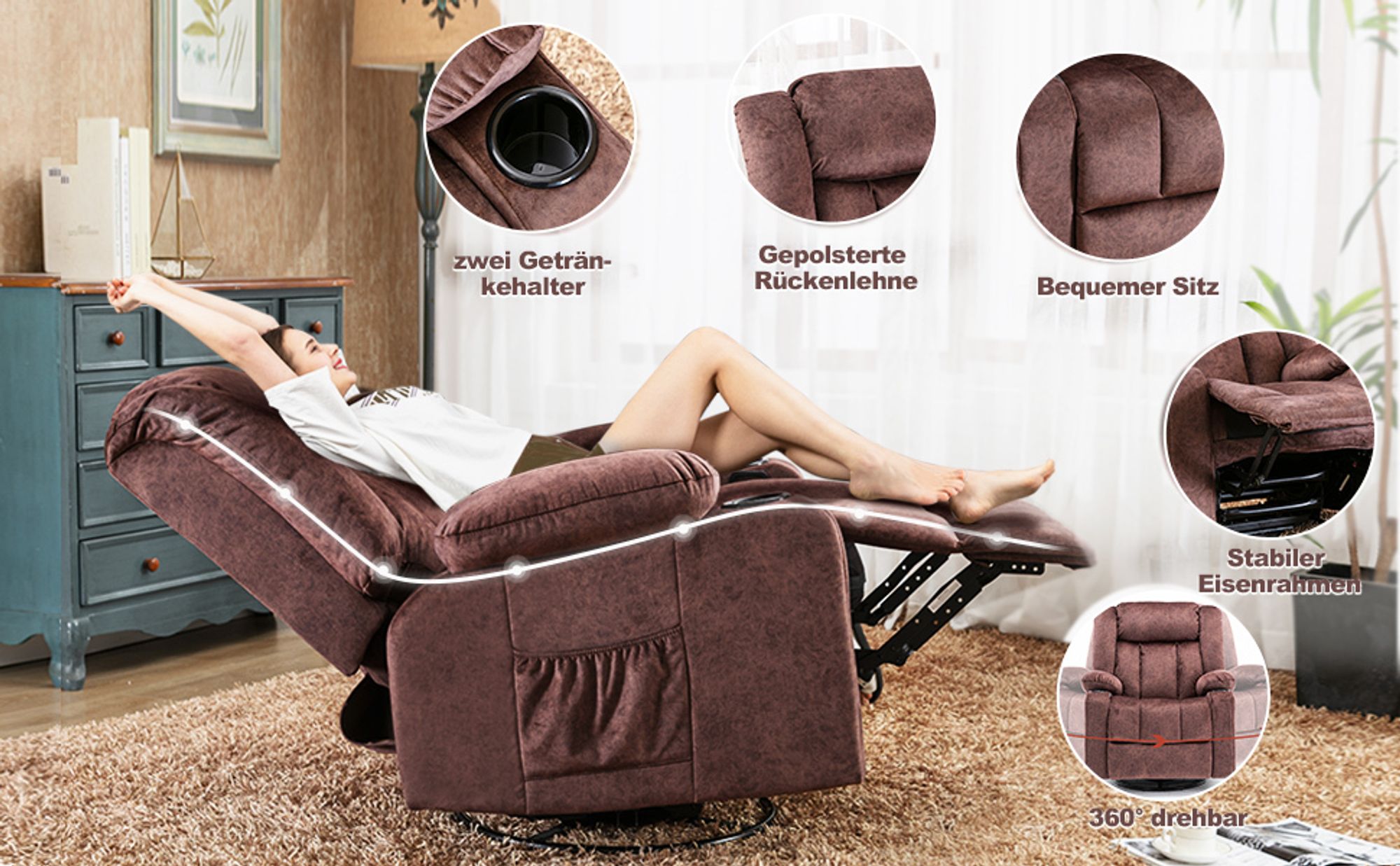 COMHOMA Relaxsessel aus Stoff mit Liegefunktion, Recliner Chair mit Wippfunktion, TV-Sessel belastbar bis 150 kg, 360° drehbar, braun