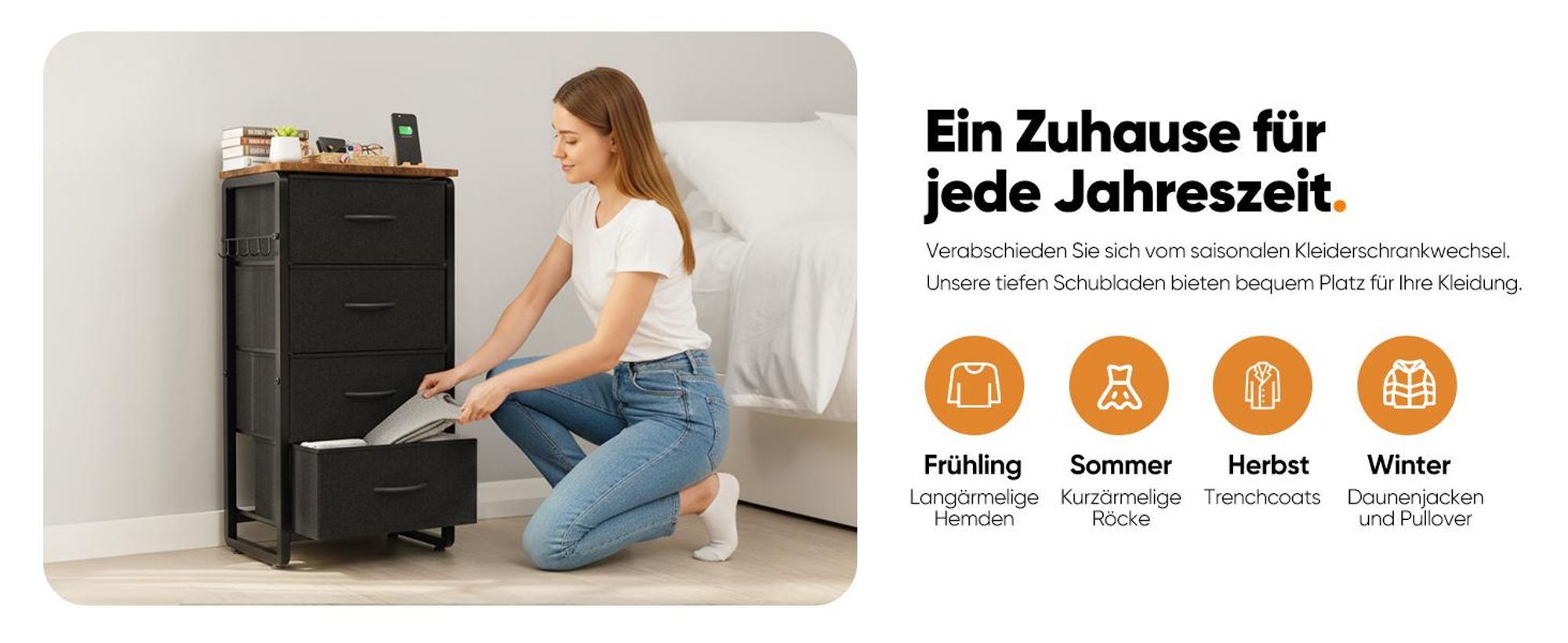 HOKEEPER Kommode, Sideboard mit 4 Stoffschubladen, Schmaler Aufbewahrungs Schrank aus Metall & Holz - Stabile, Chest of Drawers für Wohnzimmer