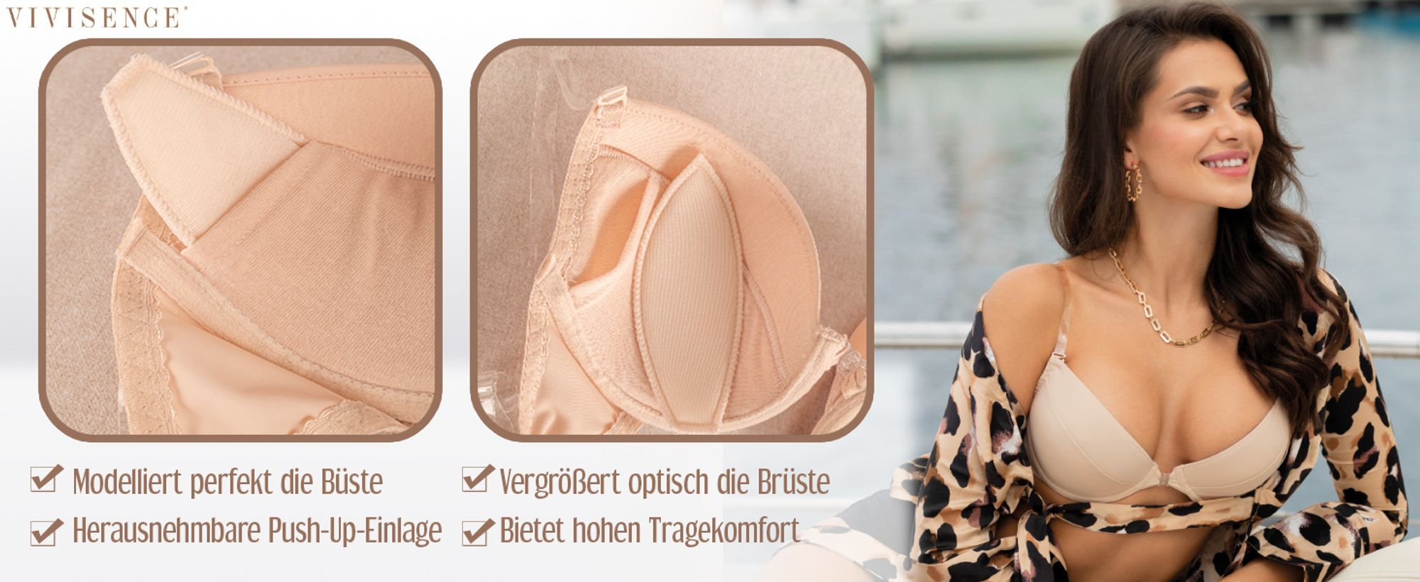 Vivisence Eve Damen bh ohne bügel push up Vorderverschluss 85C - Rückenfreie kleidung Träger transparent Einlagen push up Microfaserstoff - Weiß