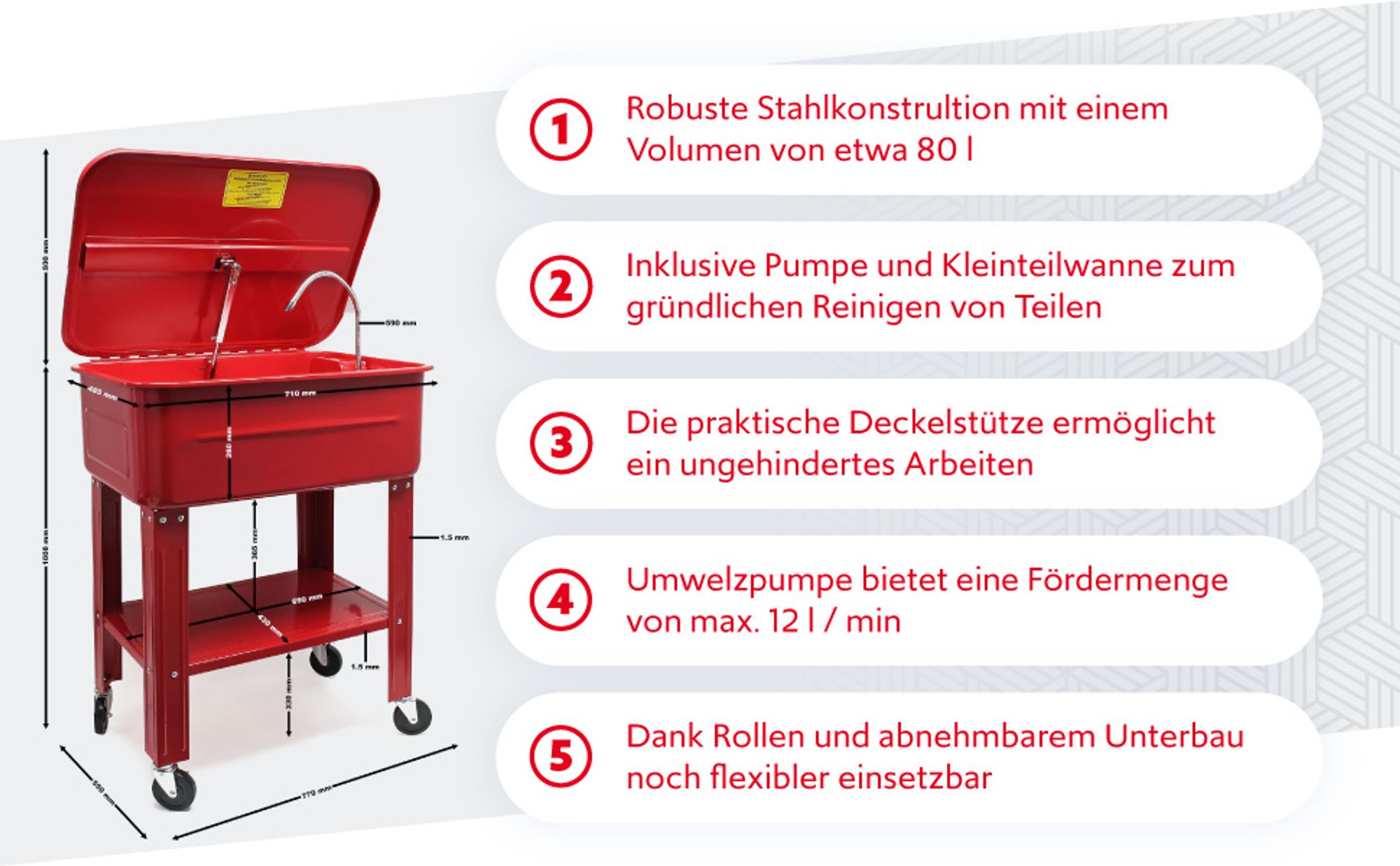 Wiltec Teilewaschgerät 80L aus Stahl Teilereiniger mit Pumpe inkl Kleinteilewanne Teilewaschbecken Teilewäscher Teile Wanne Waschgerät Waschbecken