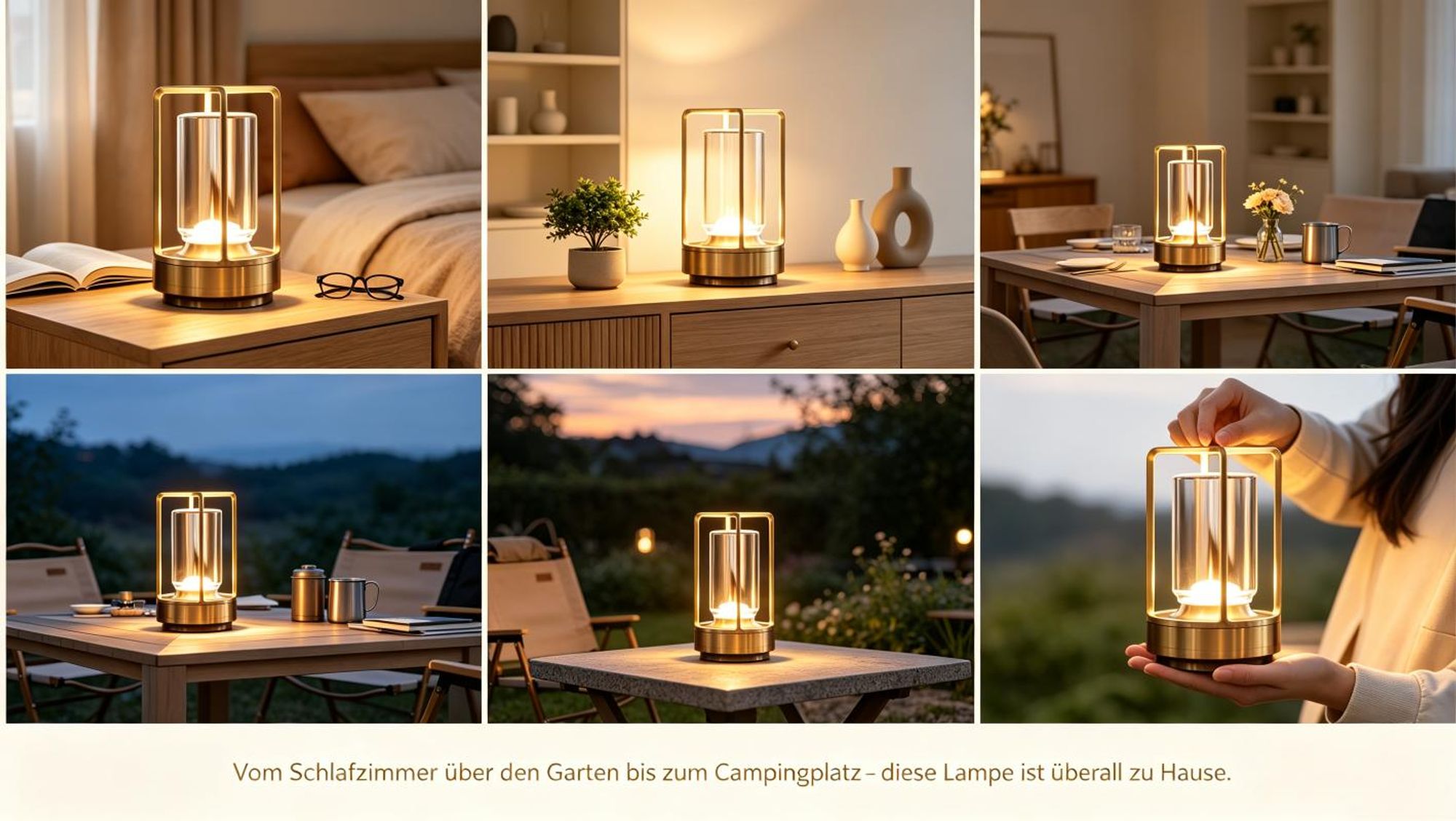 LED Touch Tischlampe Kabellose, Nachttischlampen 2000mAh, 3-Farben Stufenlos Dimmbar, USB wiederaufladbar Campinglampen, Gold, für Camping & Zuhause