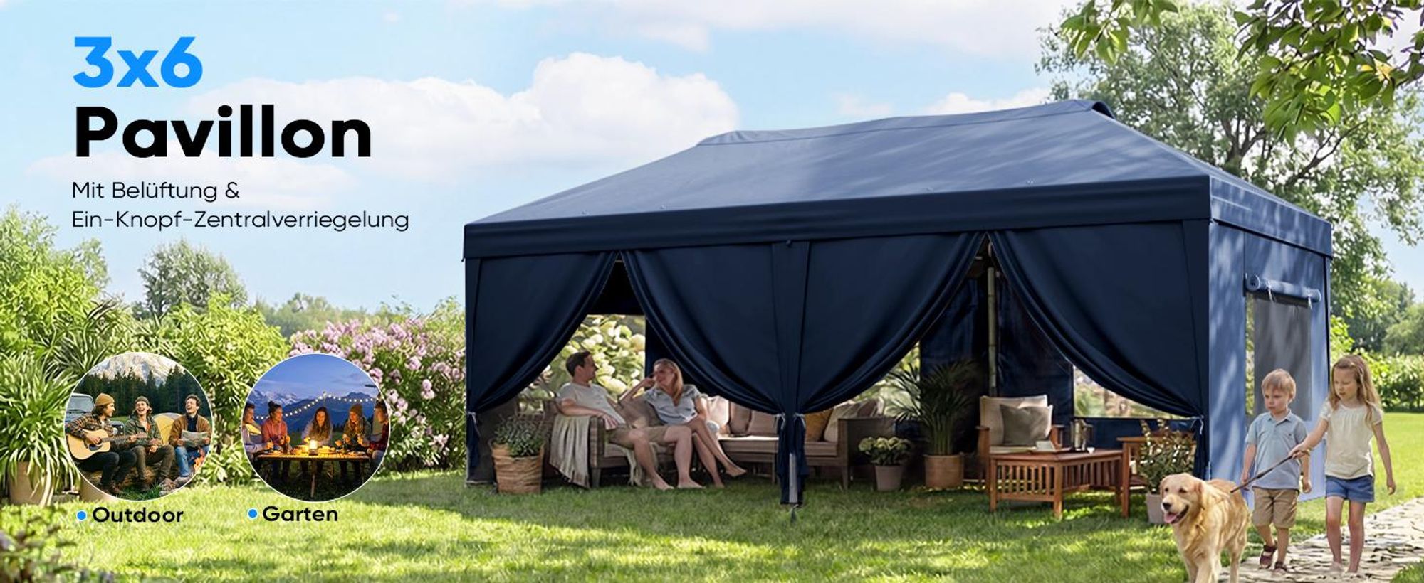 Quictent Pavillon 3x6m Faltpavillon EIN-Tasten-Zentralverriegelung,Wasserdicht UV-beständig, Gartenpavillon faltbar mit 6 Seitenwänden, Blau
