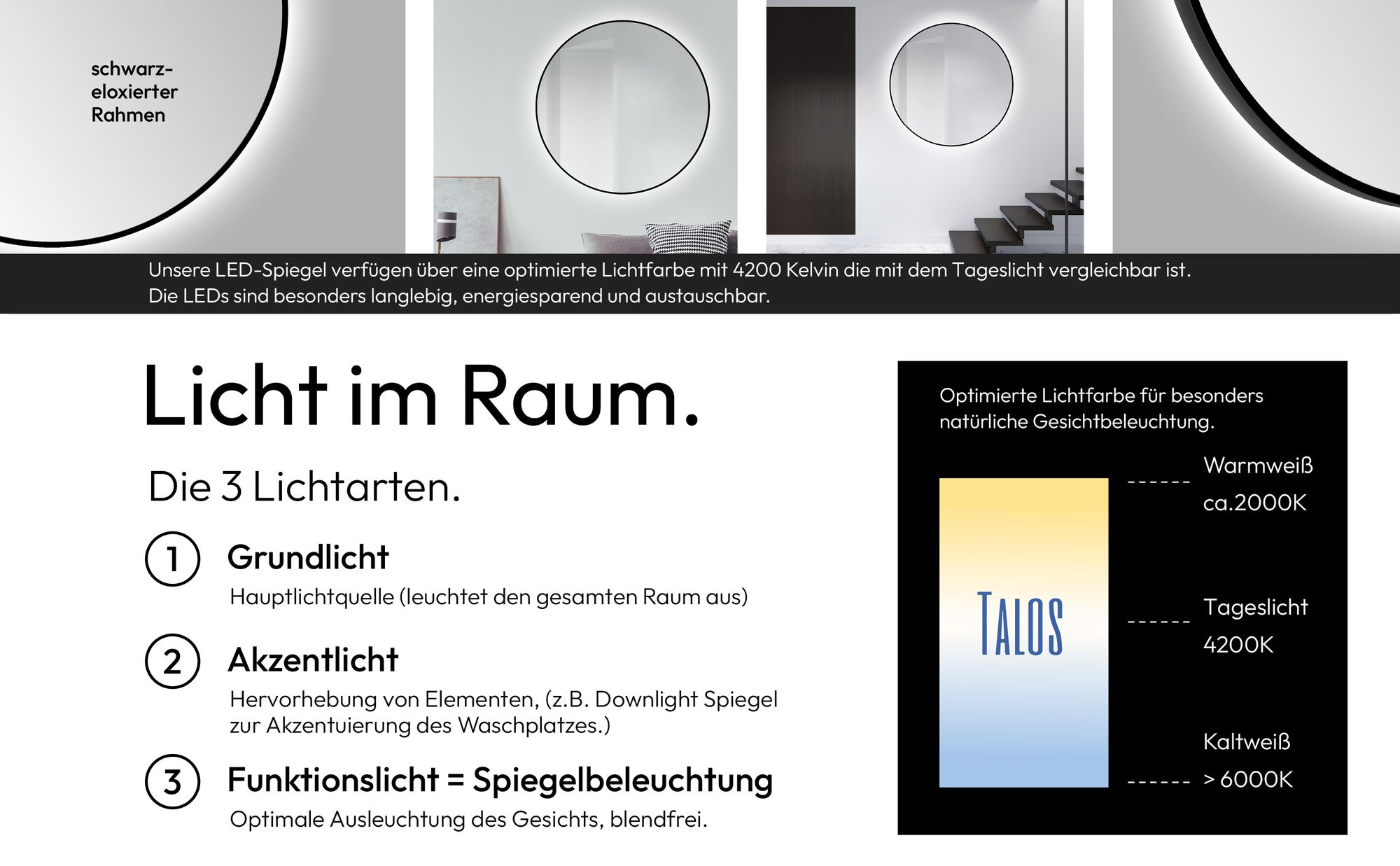 LED Wandspiegel 120 cm, matt schwarz, Alurahmen, Licht neutralweiß, IP24