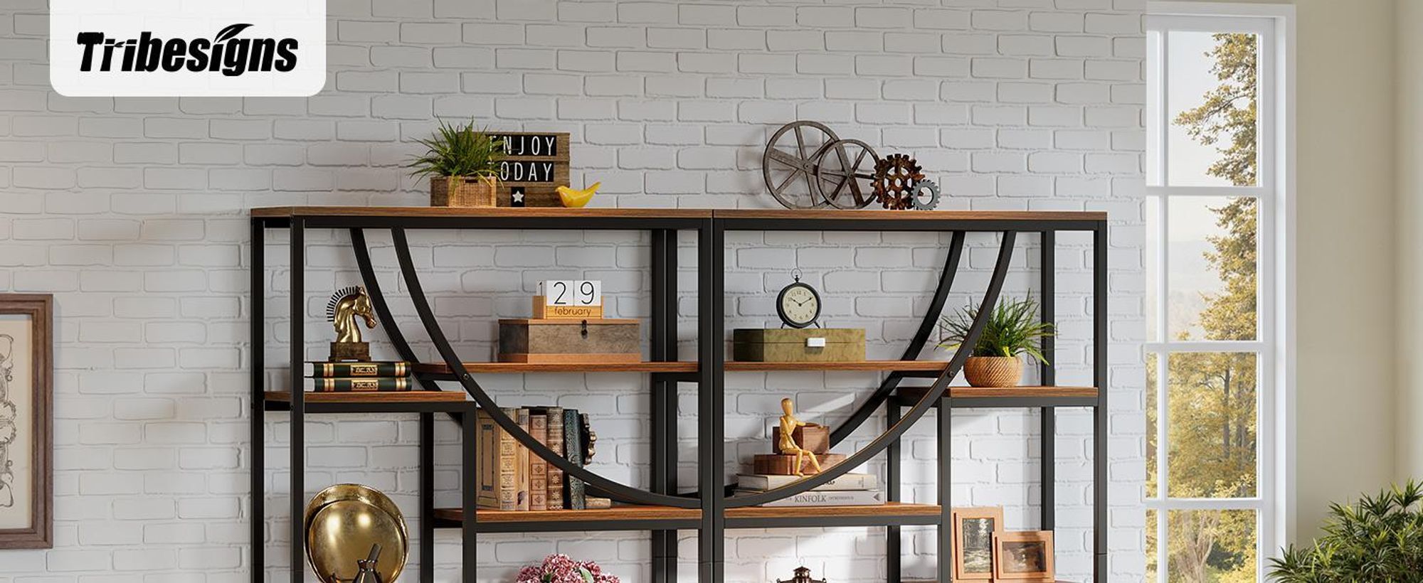 Tribesigns Libreria alta a 8 livelli, 180 cm, libreria vintage con ripiani aperti, robusto scaffale espositivo con struttura in metallo per il soggiorno