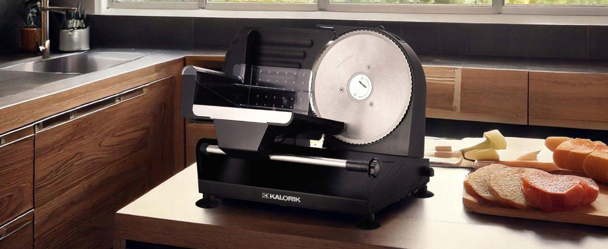 ELEKTRISCHER METALLSCHNEIDER 220W Für BROT und Schinken, AUSWECHSELBARE KLINGEN, SCHWARZ