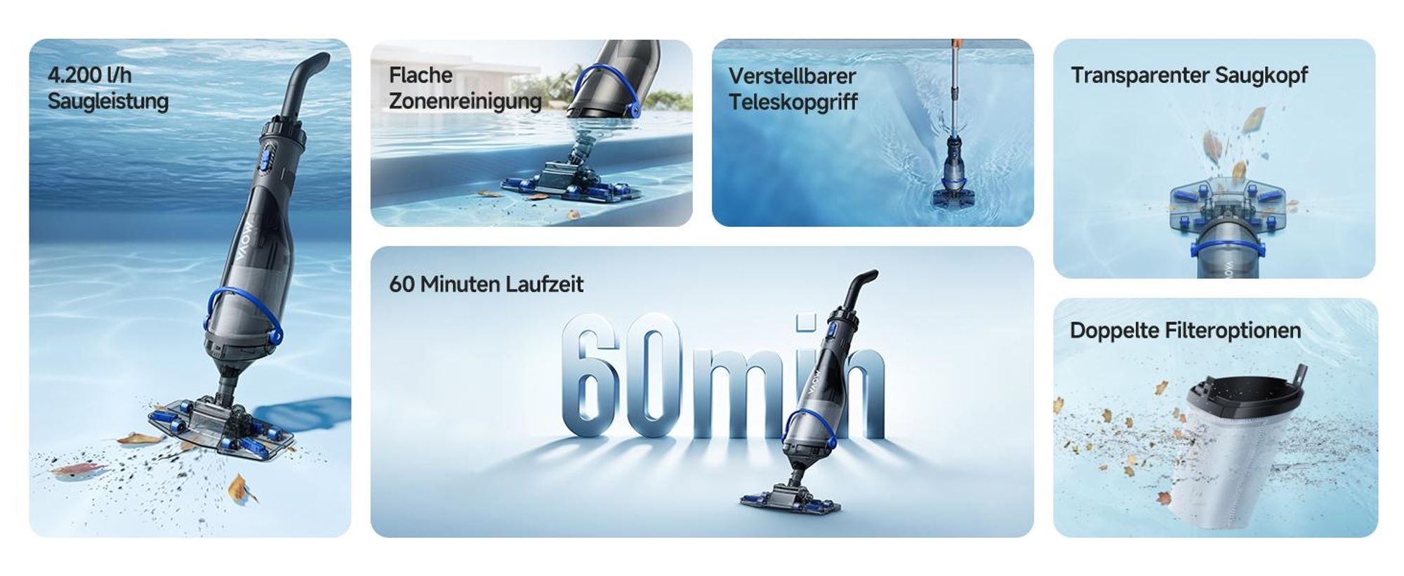 MOVA Handler V10 Kabelloser Poolsauger, 4.200 L/h Saugleistung, 60 Min Laufzeit, Transparenter Saugkopf, 1,8 m Teleskopgriff