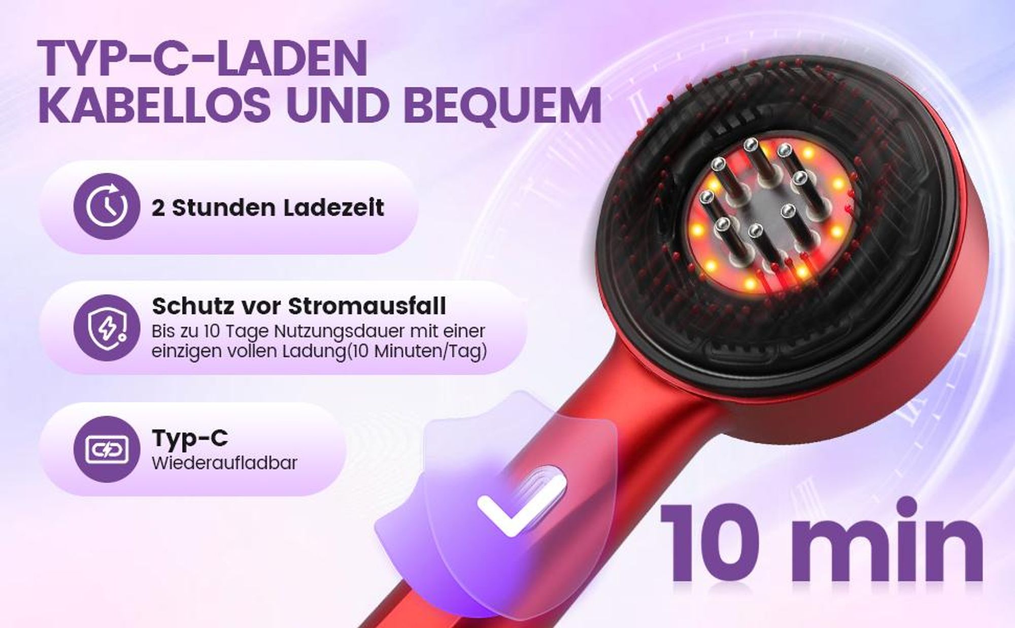 Elektrischer Kopfmassagegeräte, Haarbürste, Kopfhaut Massagebürste, Rotlicht Haarmassagebürste, 3 Modi, Ölspender für Haare, 360° Knetmassage