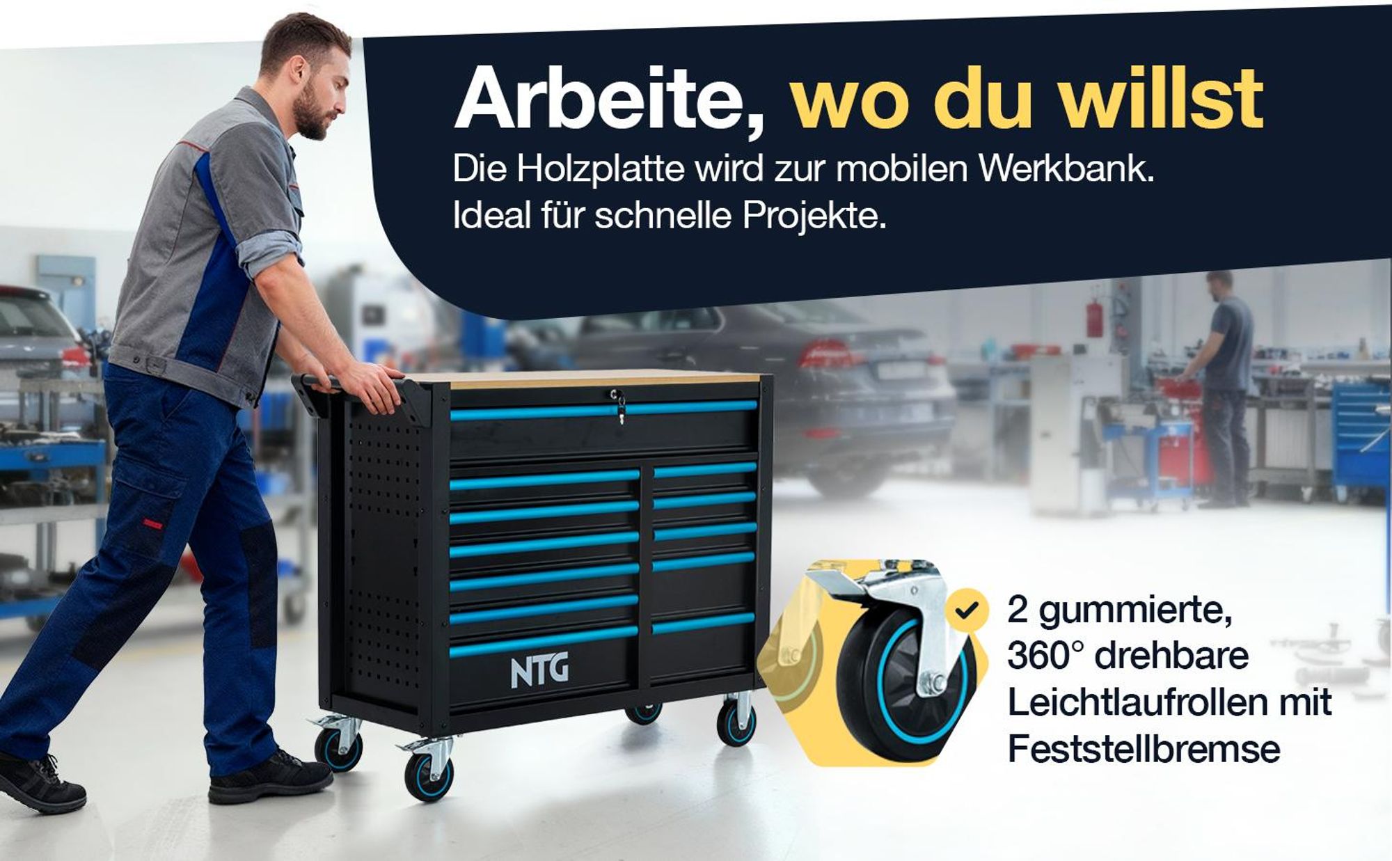 Werkzeugwagen XXL inkl. 471 tlg. Werkzeug, 12 Schubladen mit Holzplatte