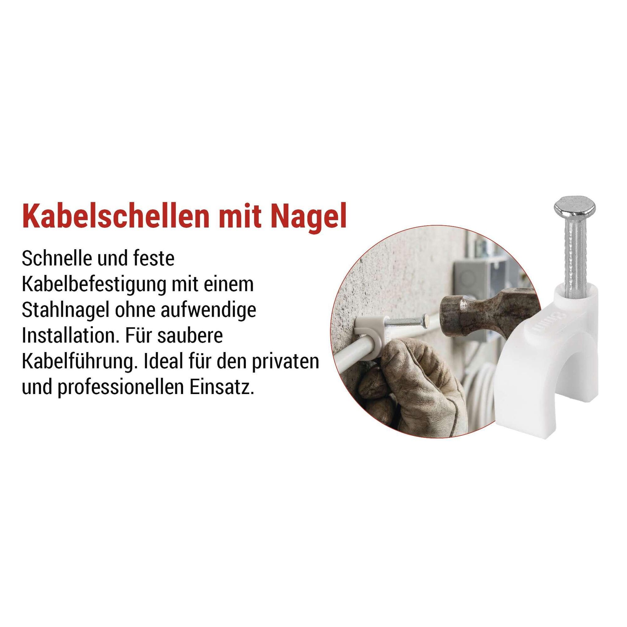 EMOS 50 Stück Kabelschellen mit Nagel, für Ø 8 mm, bruchfester PE-Kabelhalter mit Stahlnagel für Innen, rostfrei, -40–80°C, weiß, A2824