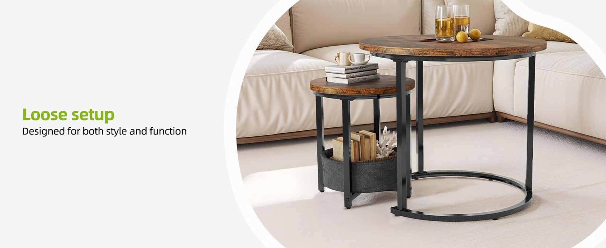 YITAHOME 2 tlg. Couchtisch Rund Nisttisch set Beistelltisch Wohnzimmertisch, 60 cm + 38 cm, Braun