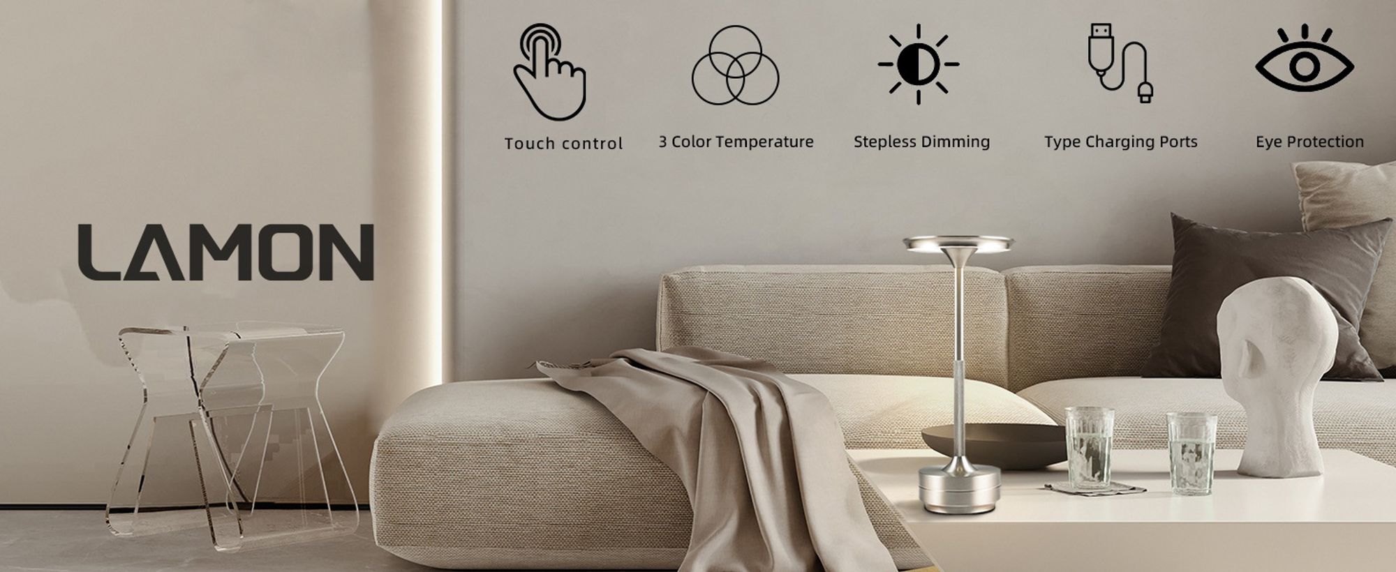 Kabellose Dimmbare LED, Akku Tischleuchte Touch Tischlampe Lampe, Wohnzimmer Nachttischlampen Dreifarbiges Licht, Silber
