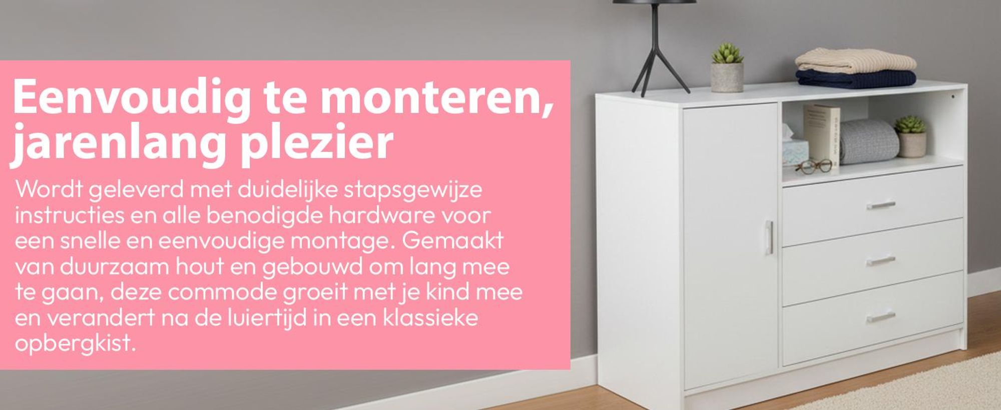 Commode met verschoningstafel, babycommode van hout met verschoningselement, 3 lades, 1 deur, 100 cm hoog, wit. Afmetingen verschoningstafel: 113 x 100 cm
