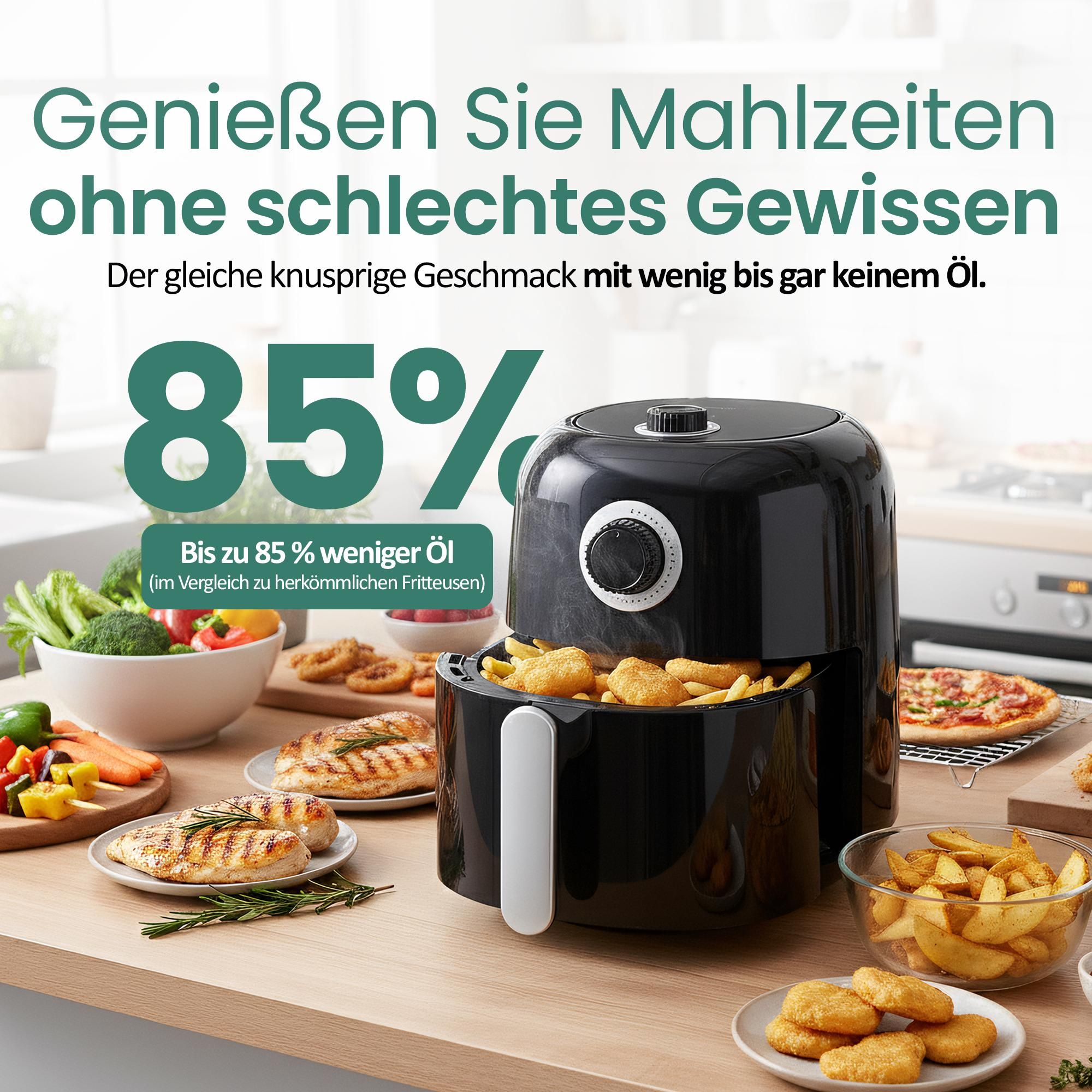 Emerio Airfryer – Heißluftfritteuse 3,2 L – 1450W – Einstellbarer Thermostat 80–200 °C – Timer – Cool-Touch – Schnellaufheizfunktion – AF-125770
