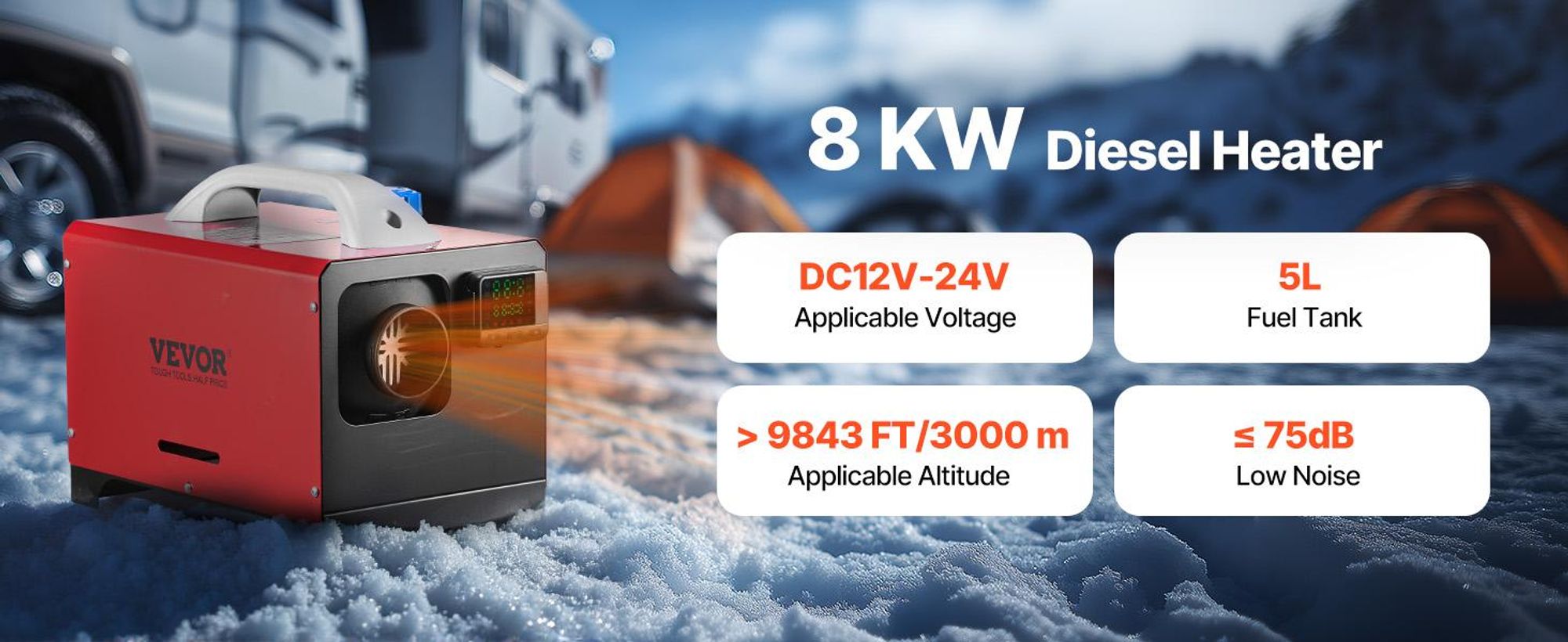 VEVOR 12V 2KW Diesel-Luftheizung Dieselheizung Standheizung Luft-Dieselheizung mit Schalldämpfer, 10L Tank, LCD-Schalter für Autos, Busse, Wohnmobile, Lkw, Baumaschinen, Horizontal Typ-e, Rot-c