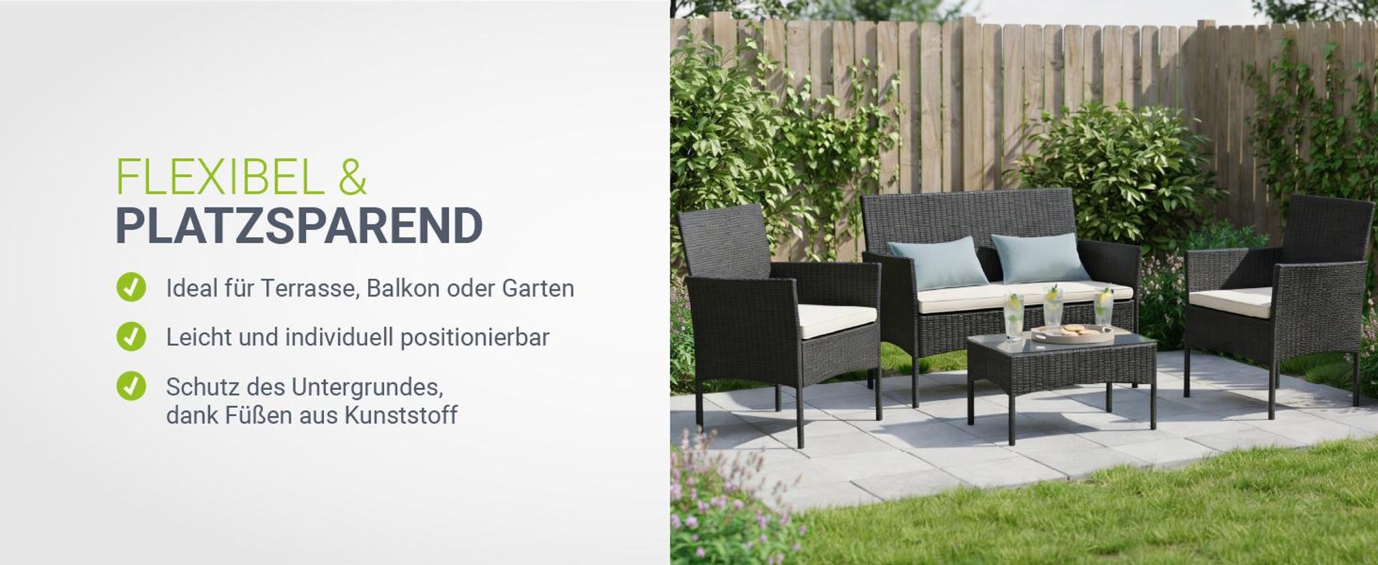Juskys Polyrattan Gartenmöbel-Set Fort Myers - Tisch, Sofa & 2 Stühle - Schwarz Beige
