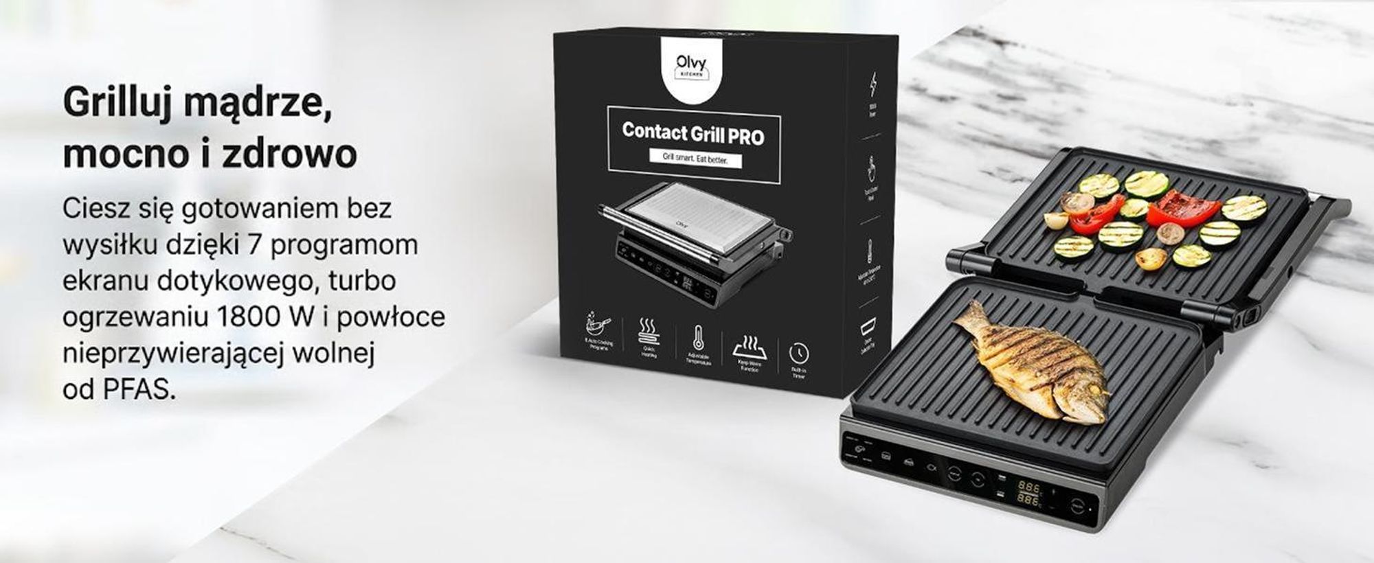 Grill kontaktowy Olvy, 1800W, grill elektryczny, opiekacz do kanapek, 7 programów, opiekacz do panini, grill wewnętrzny, płyty bez PFAS, grill stołowy