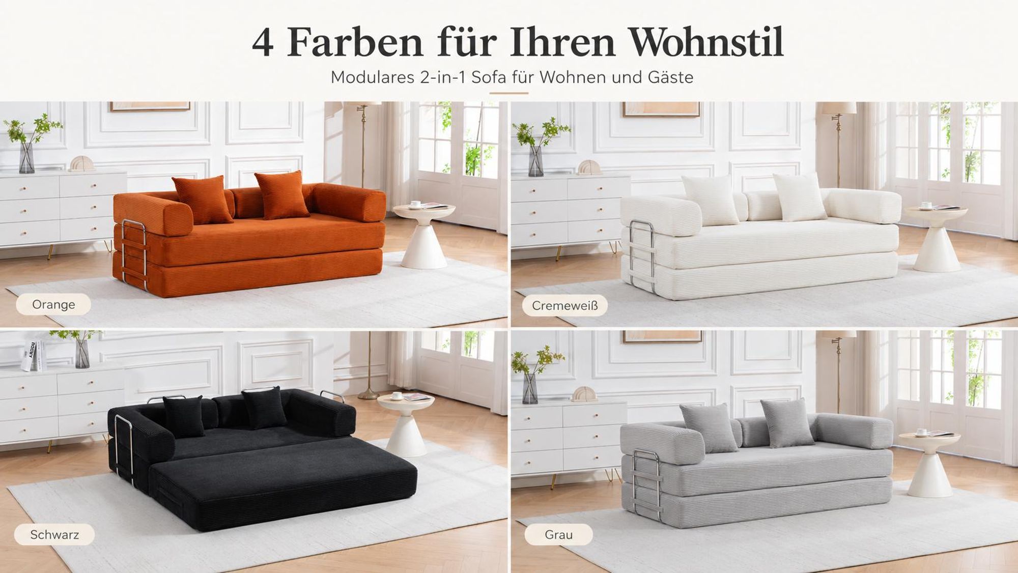 PixelPilot Schlafsofa 2-Sitzer aus Cord, ausklappbar, modular & montagefrei, weich und robust für Wohnzimmer