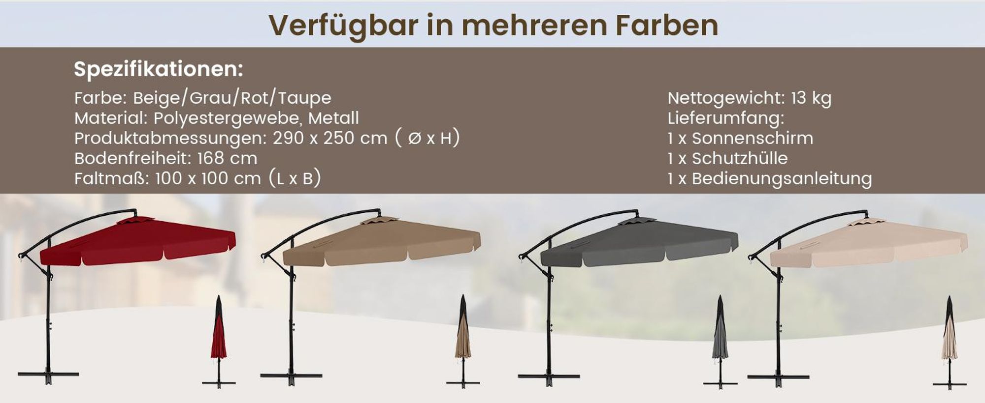 COSTWAY Sonnenschirm Ø300cm, Ampelschirm mit Volantm Schutzhülle, Gartenschirm mit 8 Streben & Kurbel, Marktschirm Neigungswinkel verstellbar Grau